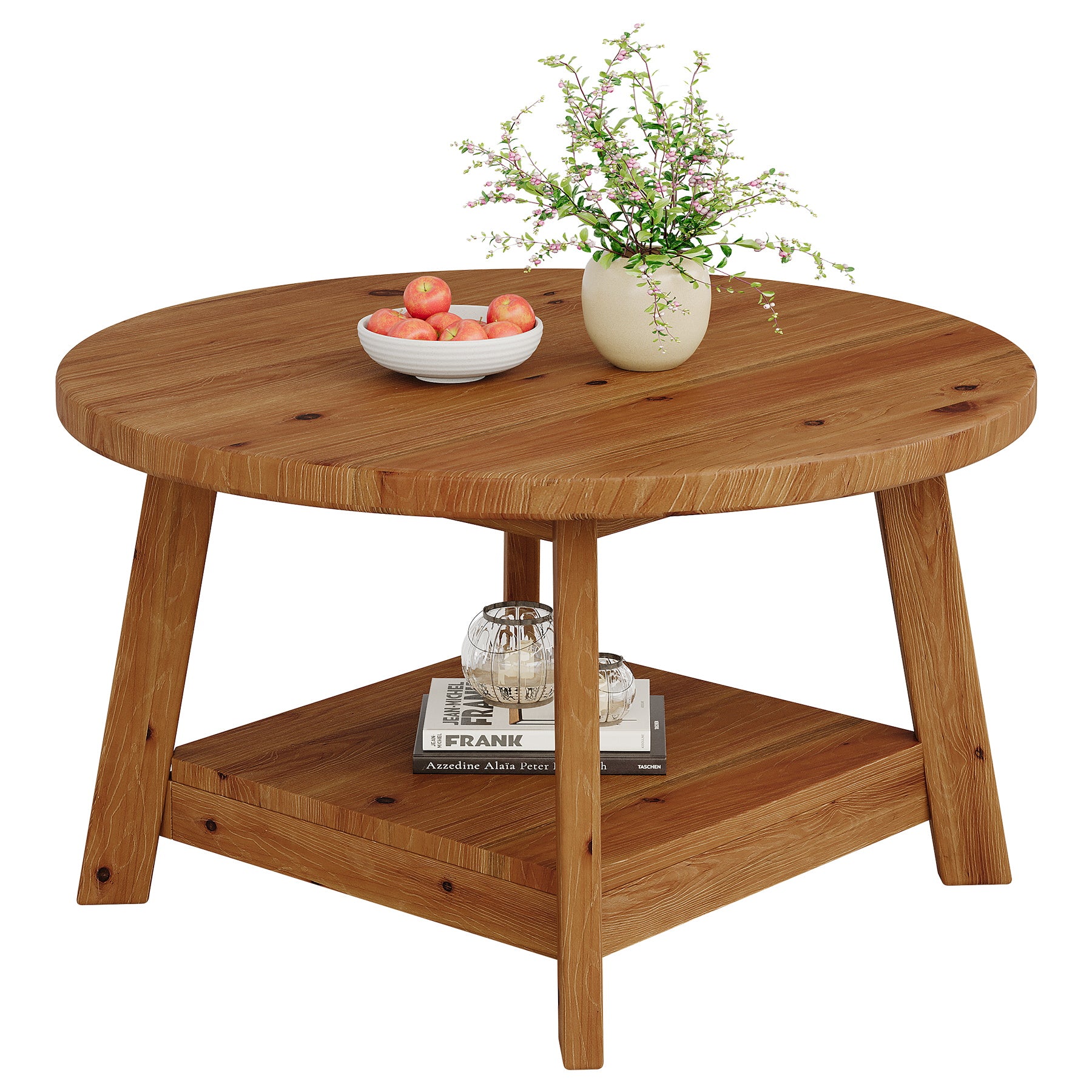 Rustic Round Coffee Table, 31.5-Inch Two-Tier Design with Tapered Wooden Legs