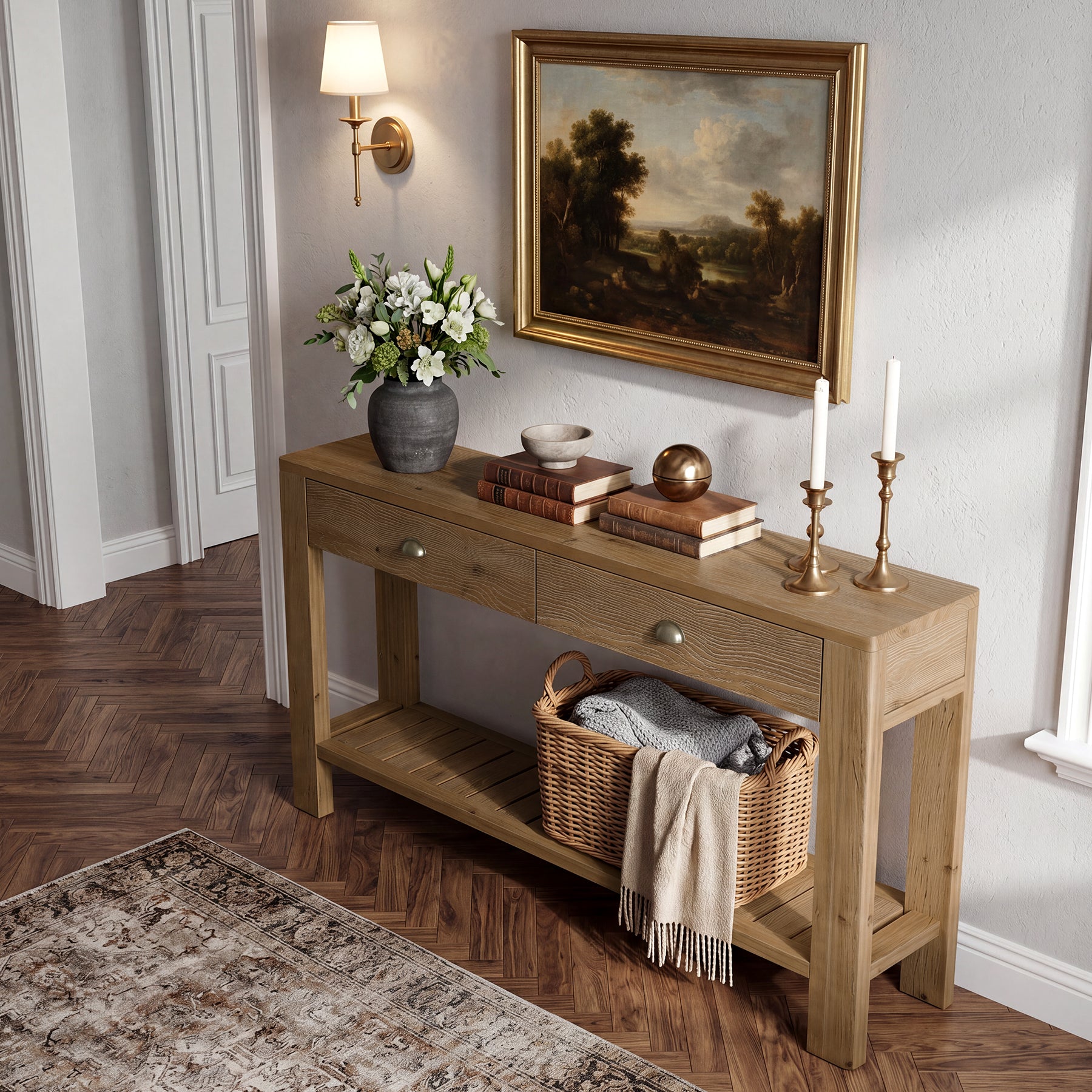 Tribesigns 55.12 Inch Solid Fir Wood Console Table with 2 Drawers, Narrow Hallway Table with Shelf