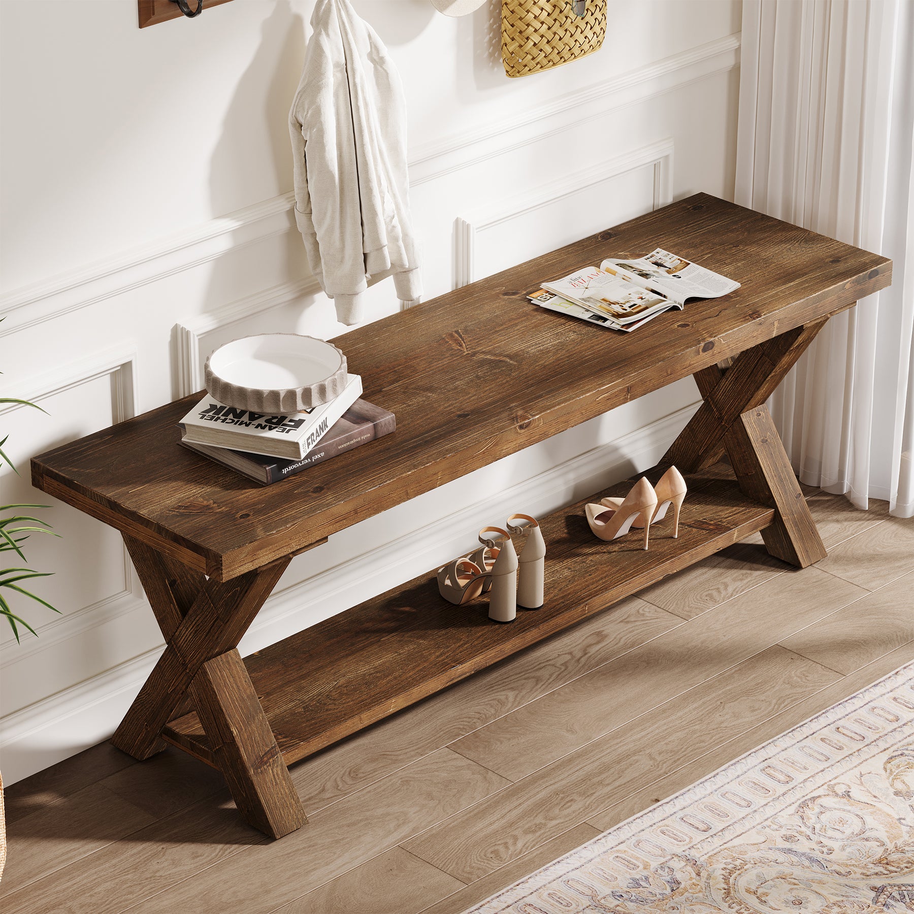 Tribesigns 43.3-Inch Solid Wood Entryway Bench with Storage Shelf and X-Shaped Legs, Farmhouse Shoe Bench for Hallway and Living Room