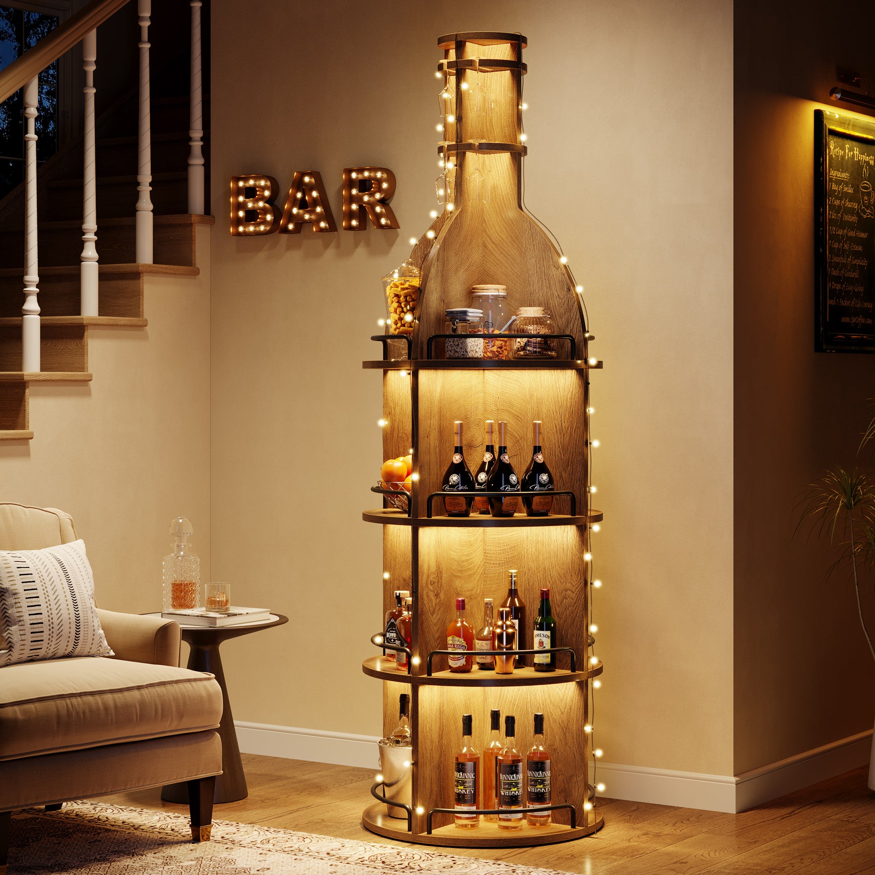 Tribesigns 74.8 Inch Tall Round Wine Rack with Storage Shelves and Glass Holder, Freestanding Wine Bar Cabinet for Home Bar