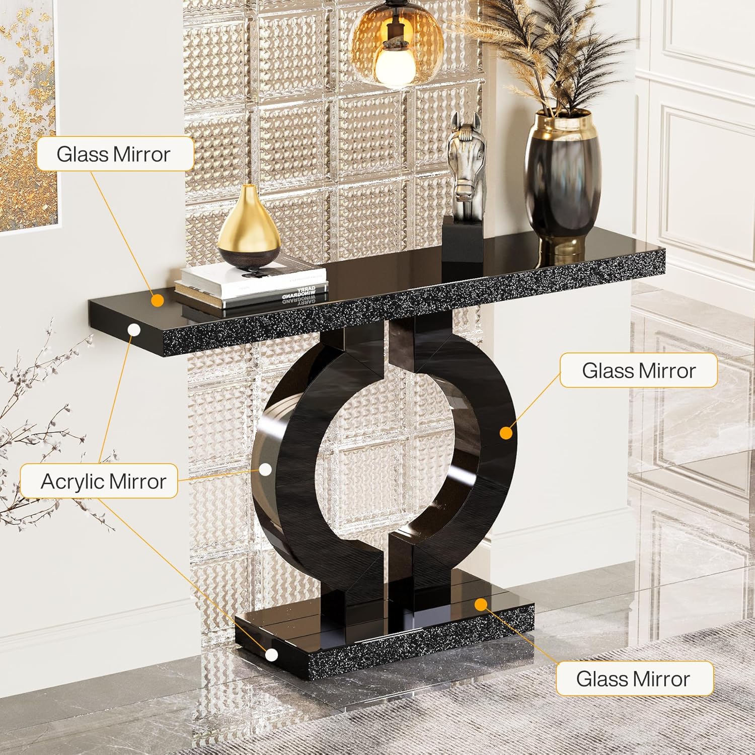 43" Modern Mirrored Console Table - O-Shaped Black Base Narrow Entryway & Sofa Table with Glass Finish