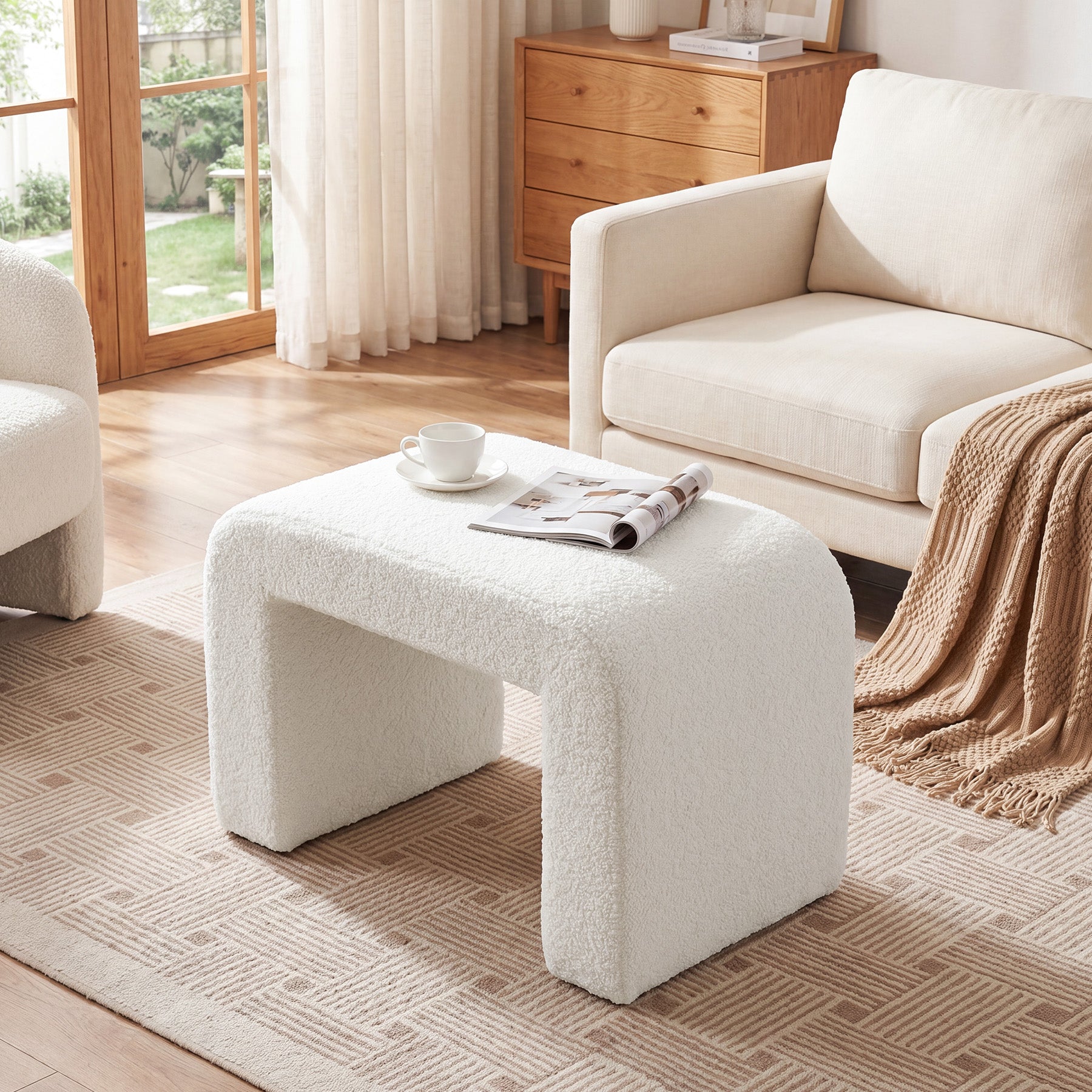 23.62-Inch Modern Vanity Stool with Faux Cashmere Upholstery, Arched Ottoman Footstool