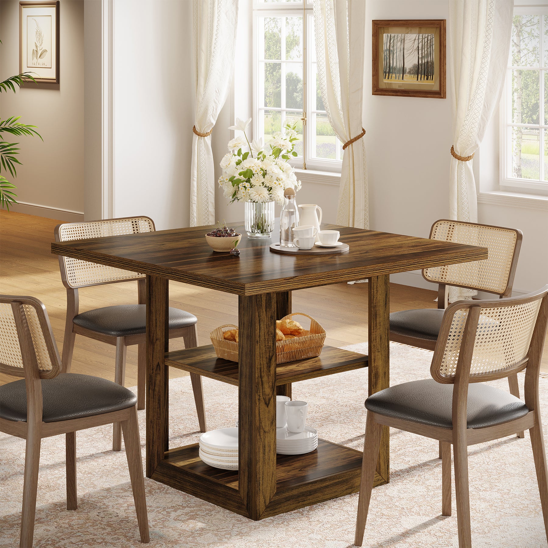 Tribesigns 31.5 Inch Square Dining Table for 4, Farmhouse Kitchen Table with Storage Shelf