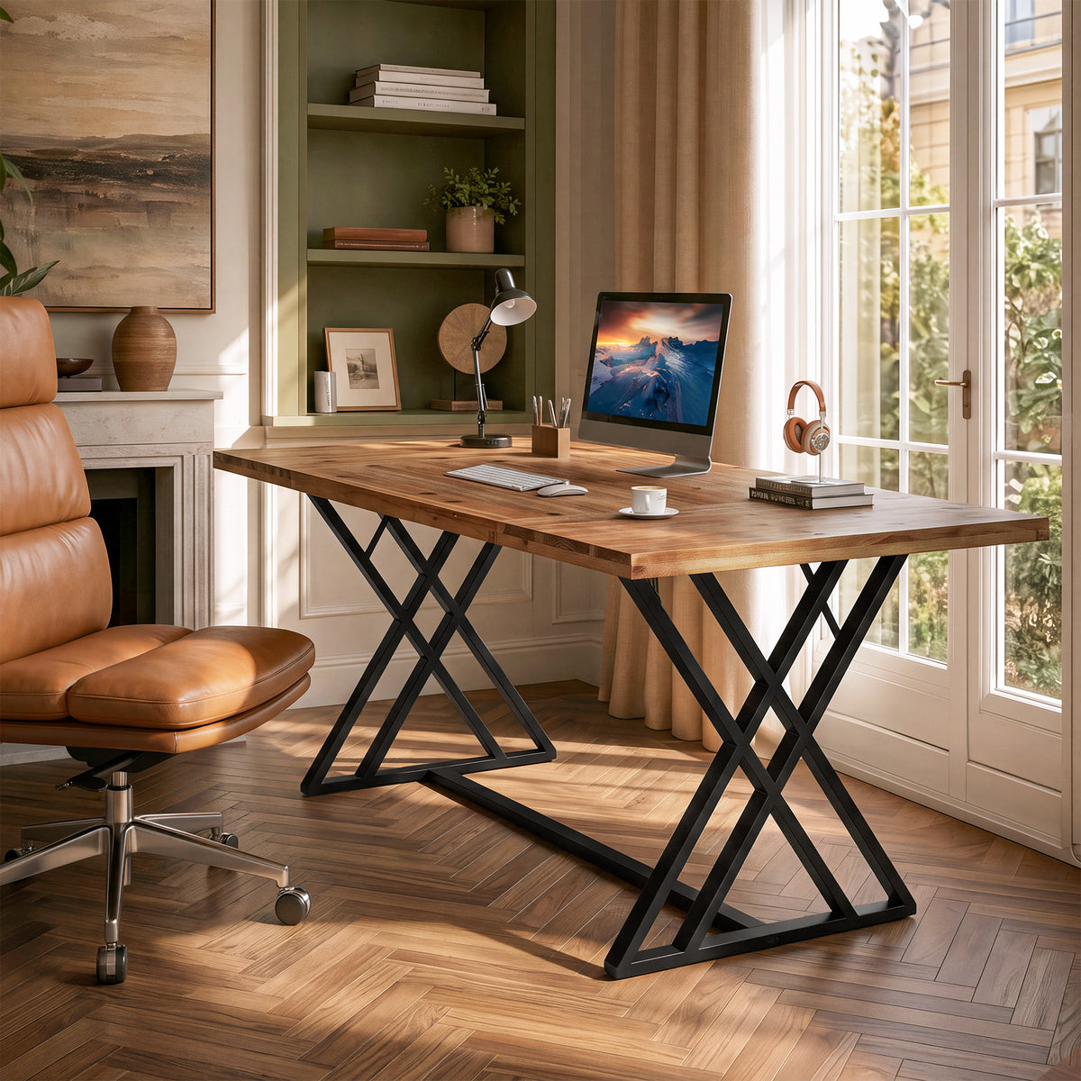Tribesigns 63 Inch Solid Wood Computer Desk with X-Shaped Metal Legs, Farmhouse Home Office Desk