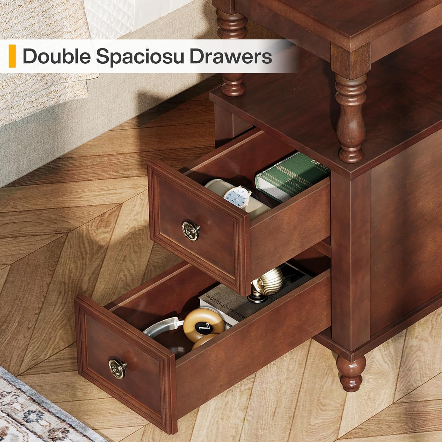 MidCentury 2-Drawer Nightstand - Solid Wood Bedside Table with Open Shelf, Dark Cherry