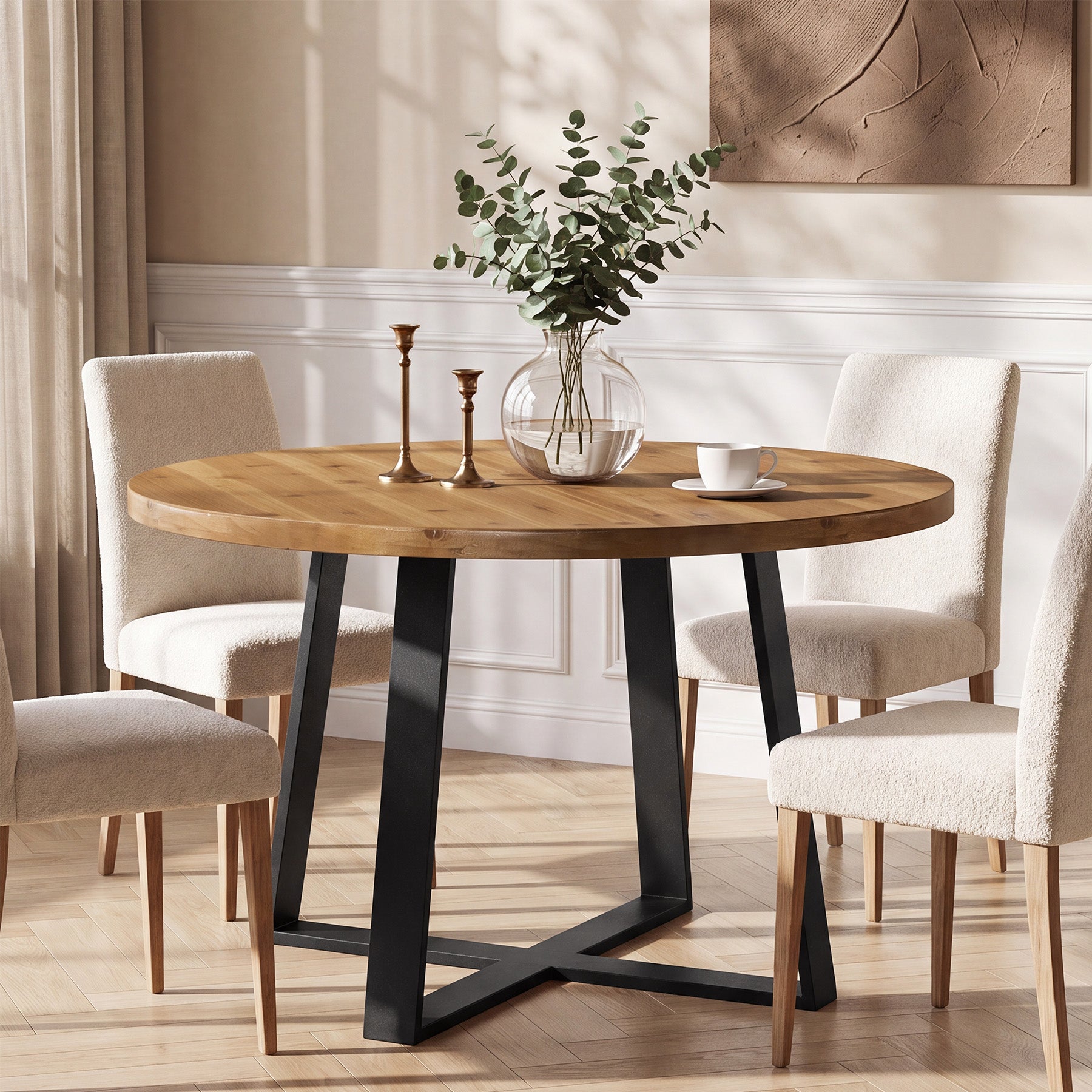 Tribesigns 47-Inch Solid Wood Round Dining Table, 4-6 Person Table with Black Metal Base