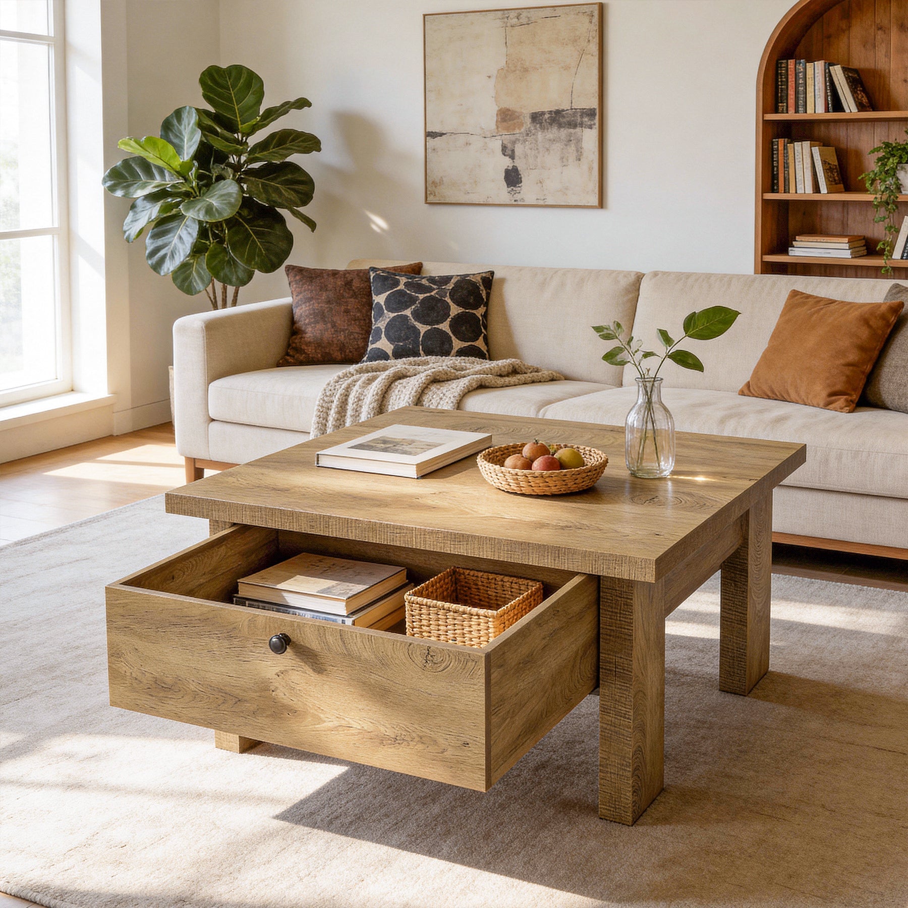 31.5" Square Coffee Table with Storage for Small Spaces, Modern Brown Living Room Center Table