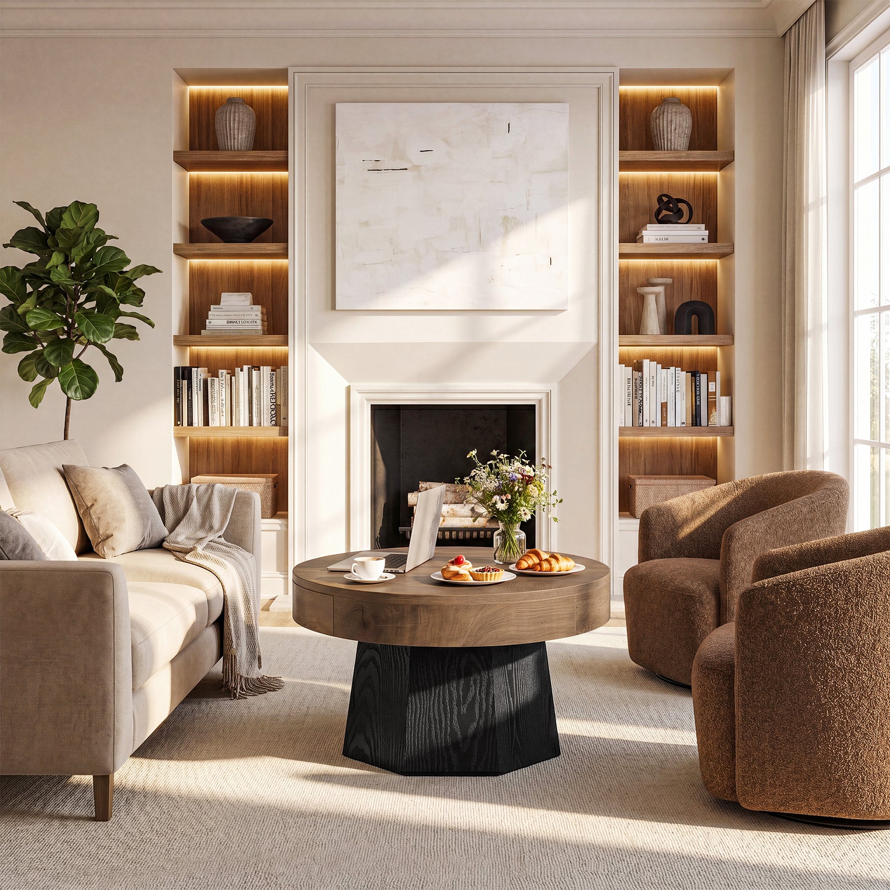31.5-Inch Round Coffee Table with Octagonal Base, Modern Centre Table for Living Room