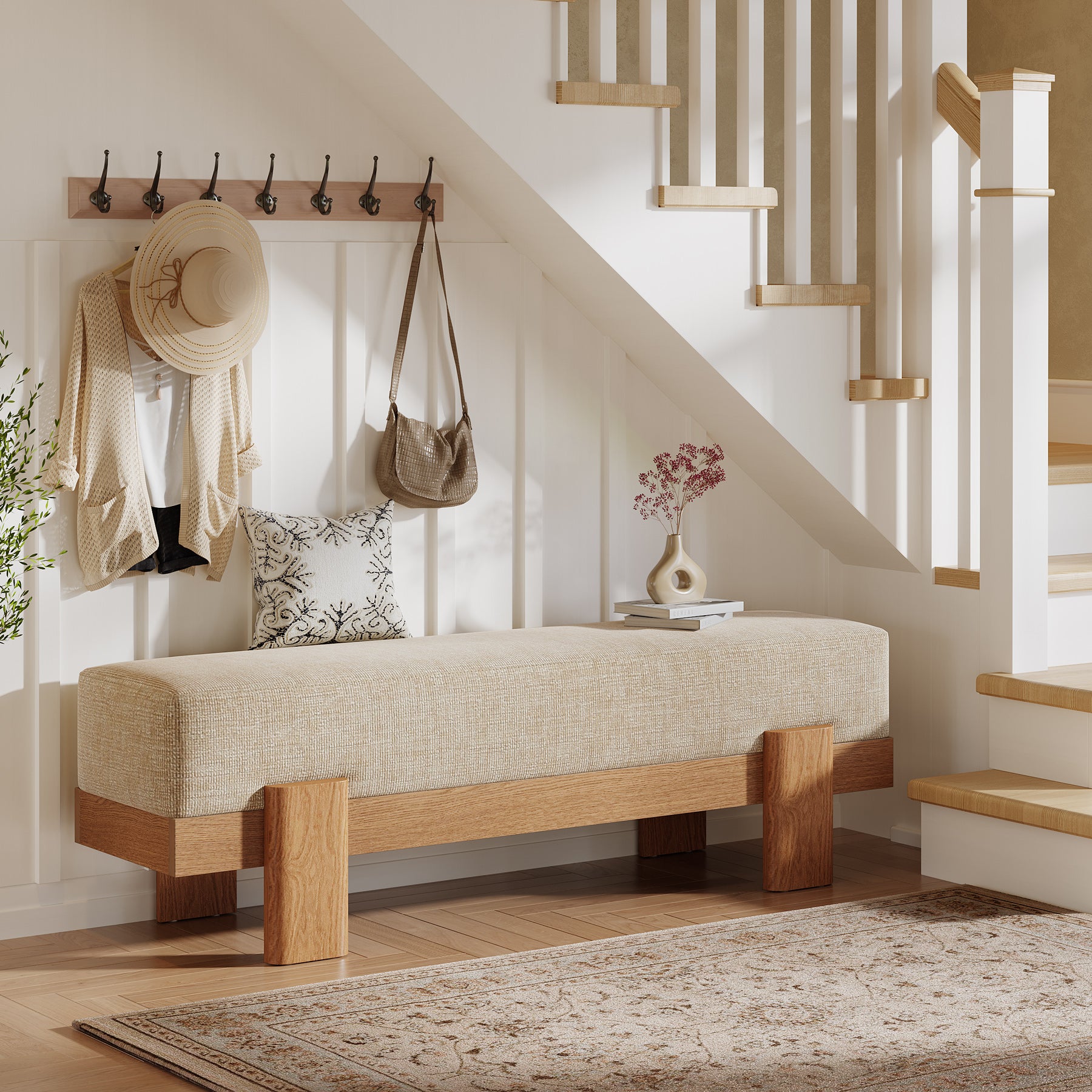 55-Inch Upholstered Entryway Bench, Modern Shoe Bench with Thick Cushion