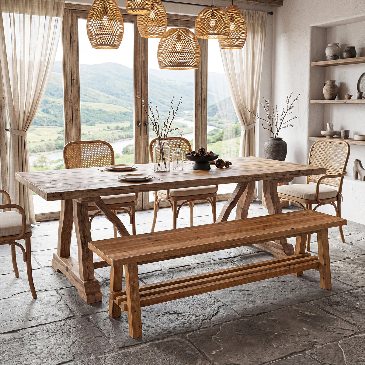 Tribesigns 55.1-Inch Solid Wood Dining Bench, Narrow Farmhouse Bench with Slatted Storage Shelf