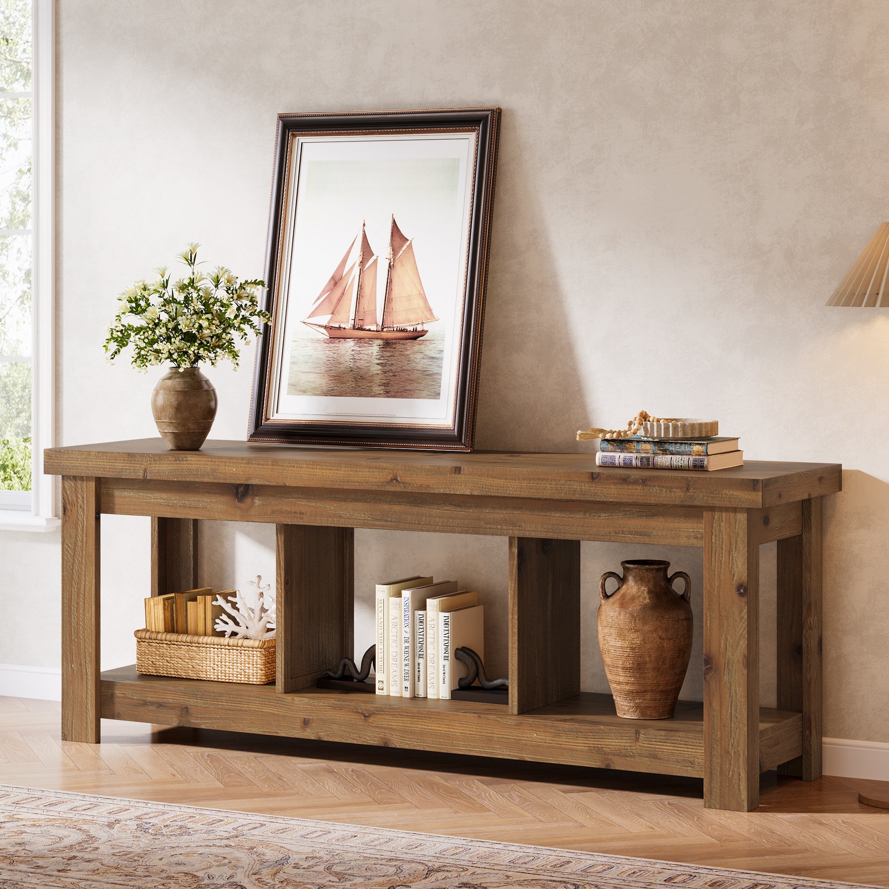 Tribesigns 63-Inch Solid Wood TV Stand with 3 Open Storage Shelves, Farmhouse Entertainment Center for TVs up to 75 Inches