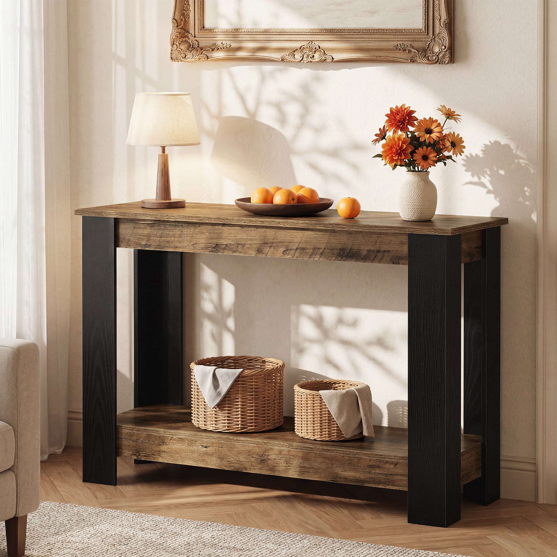 41-Inch Narrow Console Table with 2-Tier Open Storage, Modern Farmhouse Sofa Table for Entryway
