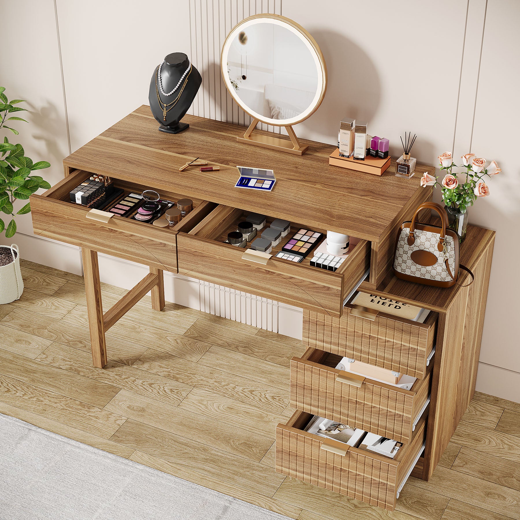 Makeup Vanity Desk with 5 Drawers, Reversible Dressing Table for Bedroom and Narrow Spaces (without mirror)