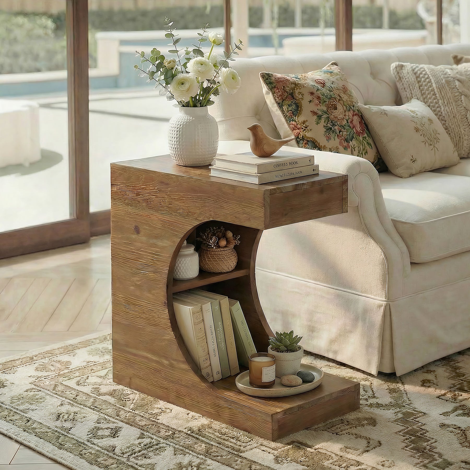 Tribesigns 11.8-Inch Wide Solid Wood C-Shaped Side Table with 2-Tier Storage Shelf