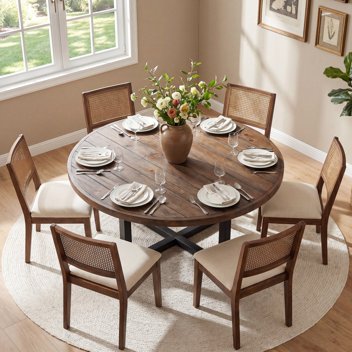 47.24 Inch Solid Wood Round Dining Table with Metal Cross Base, Farmhouse Kitchen Table for 4-6