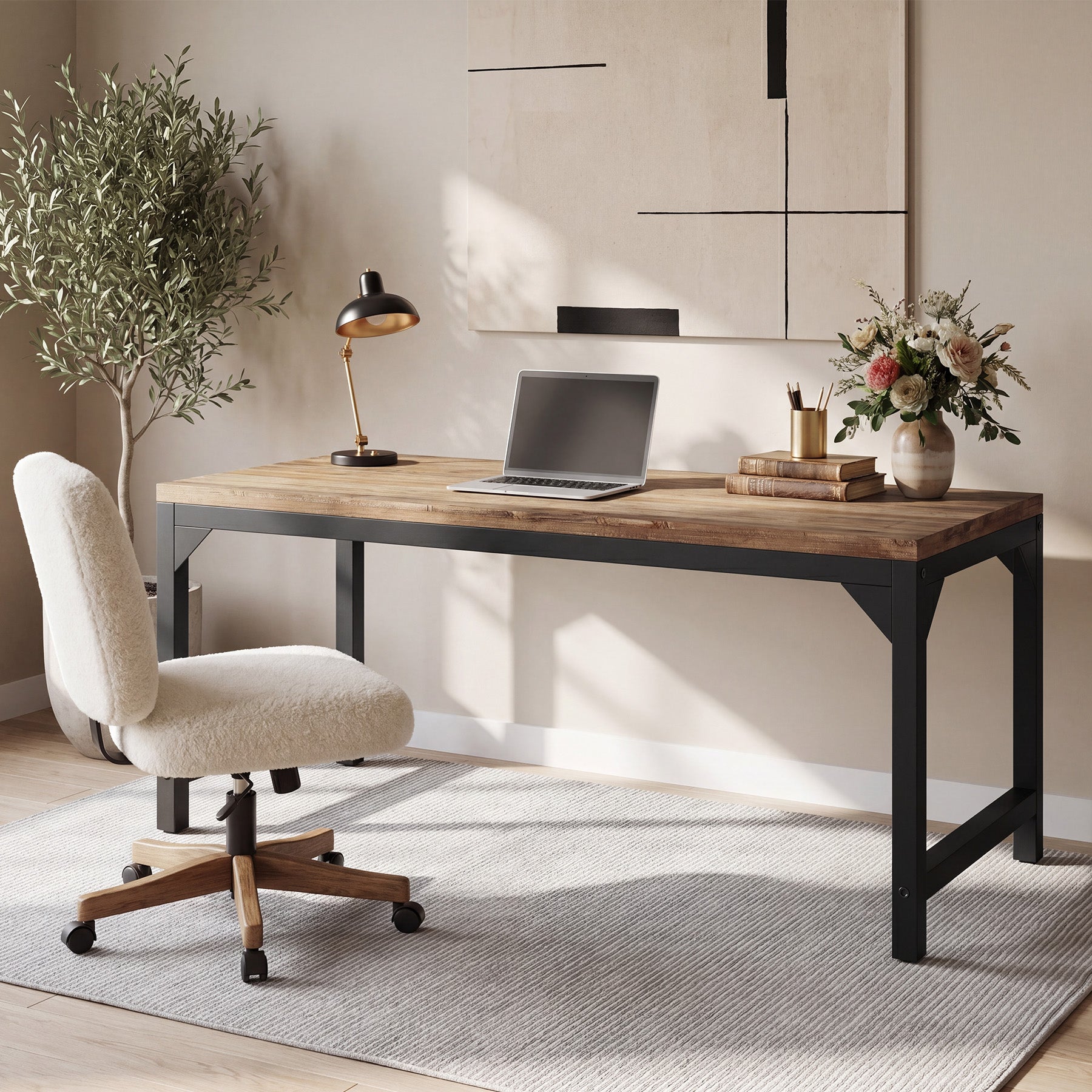 63-Inch Solid Wood Office Desk with Metal Frame and 800 lb Capacity, Heavy-Duty Computer Desk for Home Office