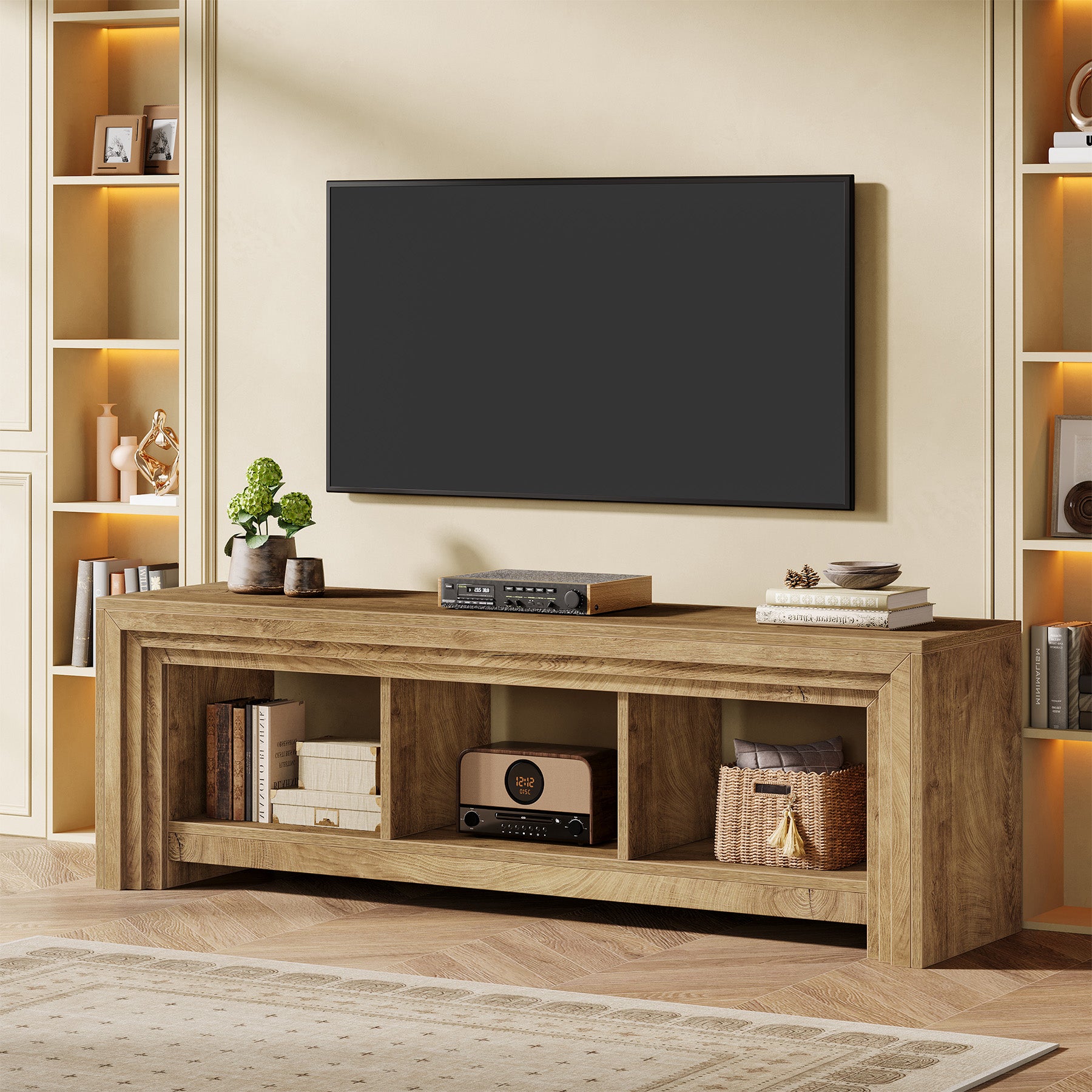 Tribesigns 63-Inch Farmhouse TV Stand, Oak Media Console with Open Storage for Living Room