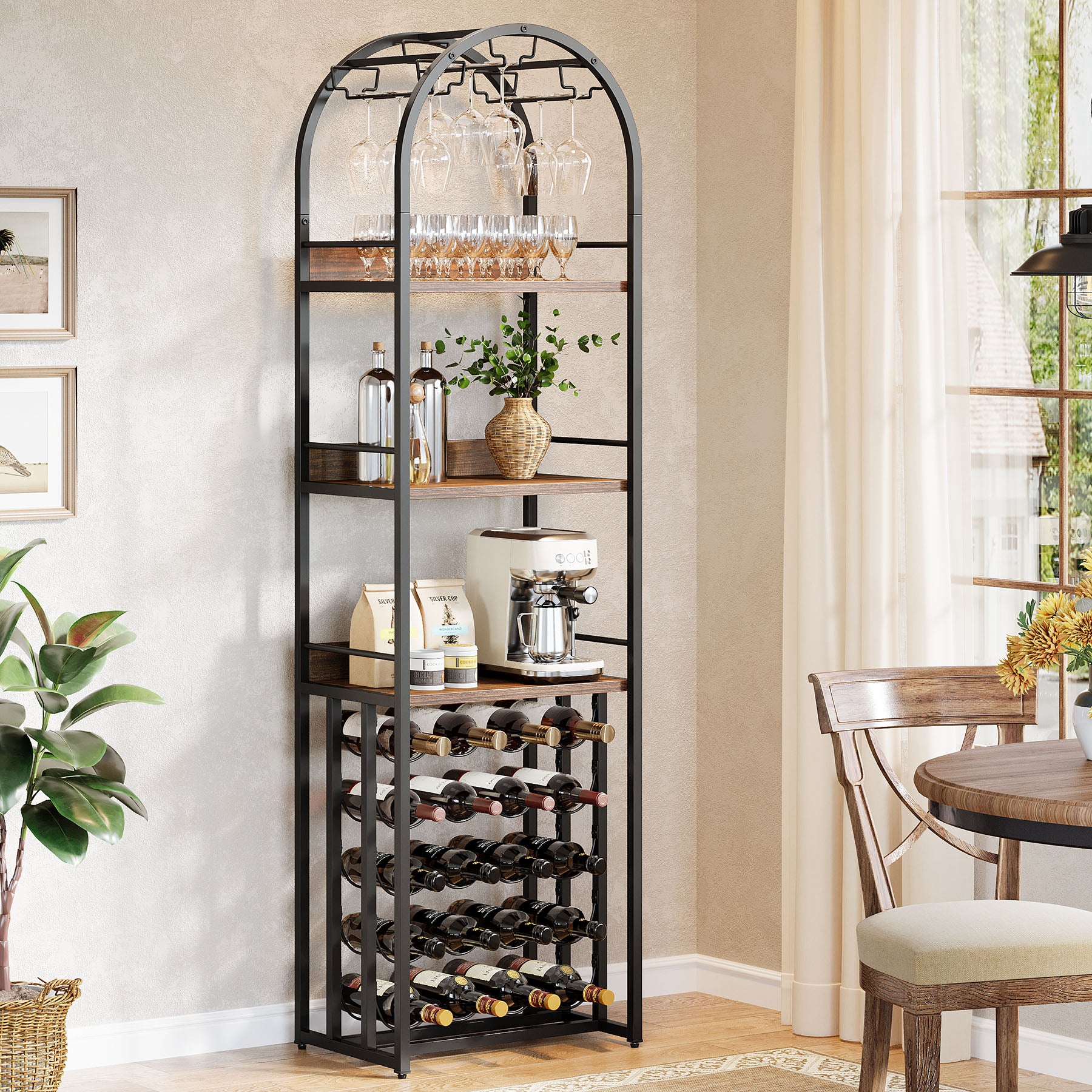 70.9" Tall Wine Rack with Glass Holder, Industrial Metal Wine Storage Stand with Tabletop