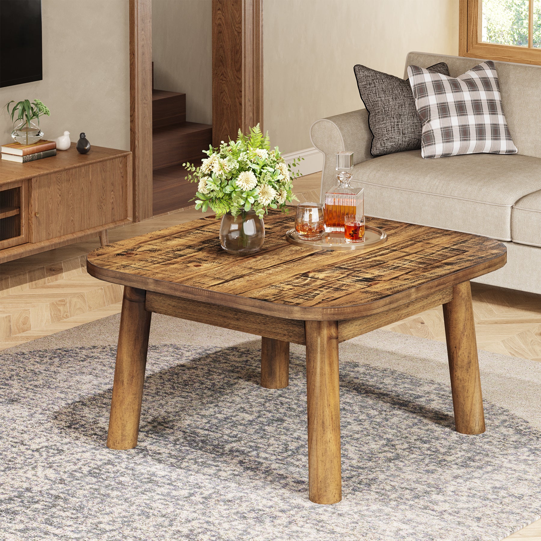 31.5" Solid Wood Square Coffee Table, Corner Farmhouse Center Table for Living Room