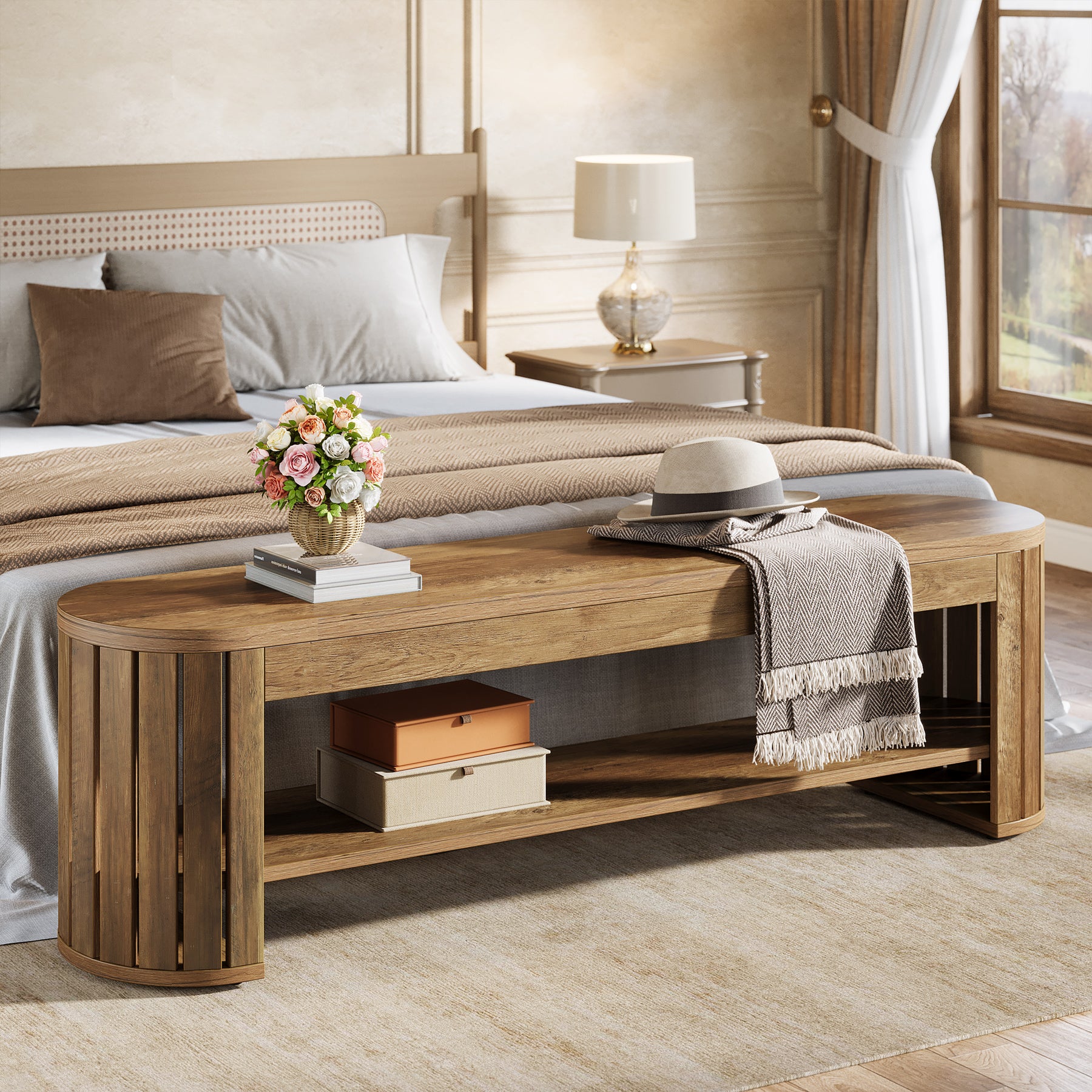 Tribesigns 63-Inch Wooden Shoe Bench with 2-Tier Storage, Narrow Entryway Bench for Entrance and Hallway