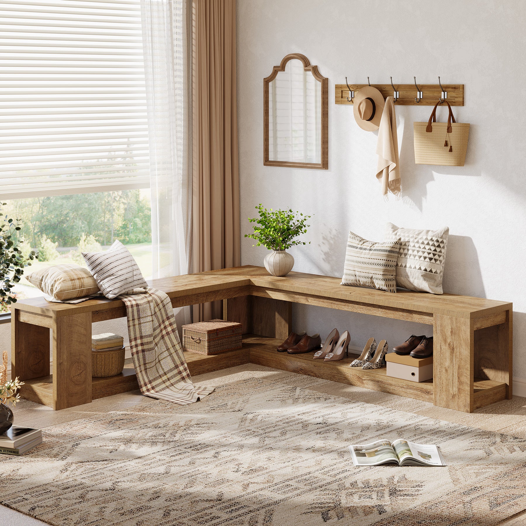 Tribesigns 61-Inch L-Shaped Shoe Bench with Storage, Farmhouse Corner Entryway Bench for Dining Room Living Room and Cloakroom