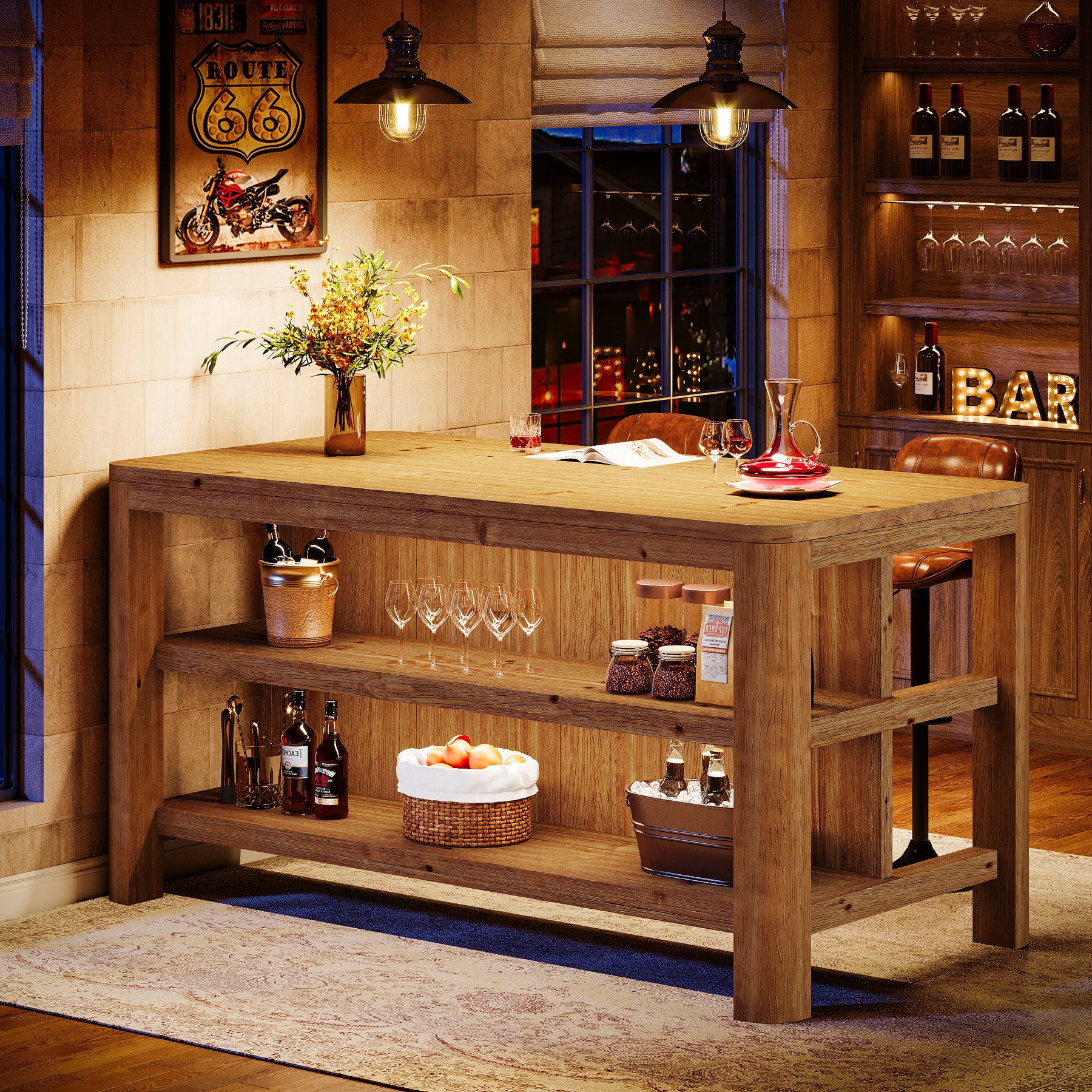Tribesigns 63-Inch Rectangular Bar Table with Solid Wood Top and Storage Shelves, Counter Height Table for Home Bar