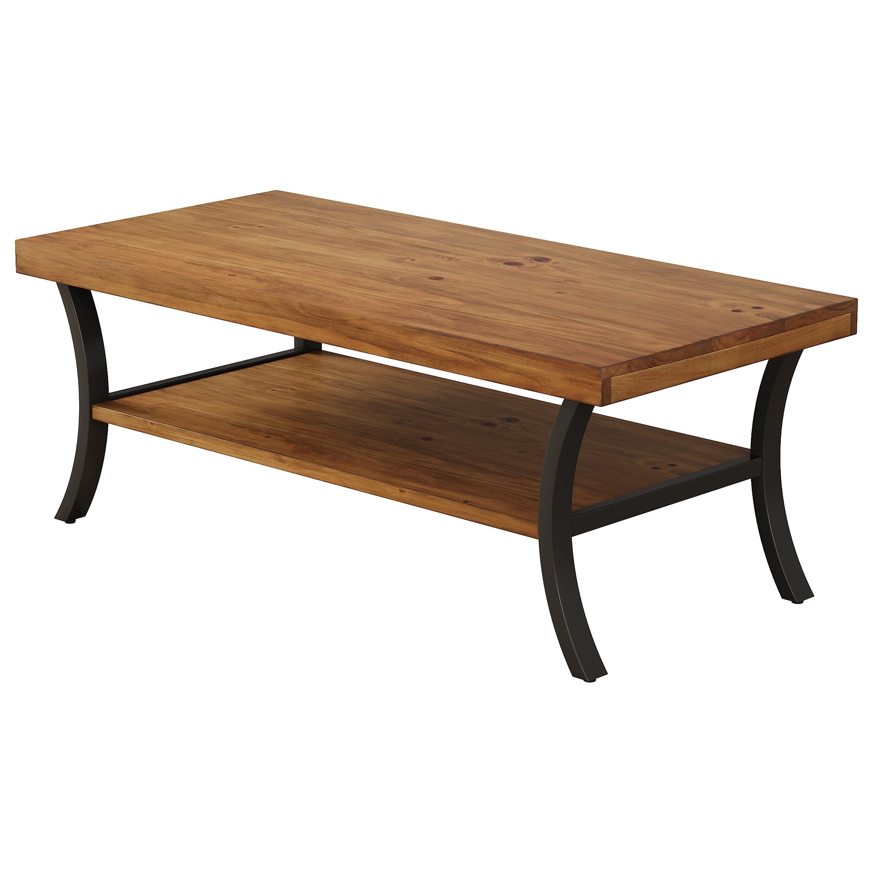 47 Inch Solid Wood Coffee Table, 2-Tier Farmhouse Center Table with Storage Shelf and Curved Metal Legs