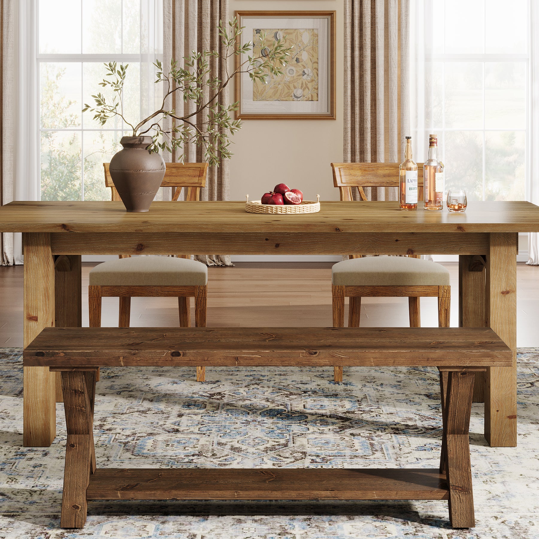 Tribesigns 43.3-Inch Solid Wood Dining Bench with X-Shaped Legs and Storage Shelf, Farmhouse Kitchen Table Bench for Dining Room