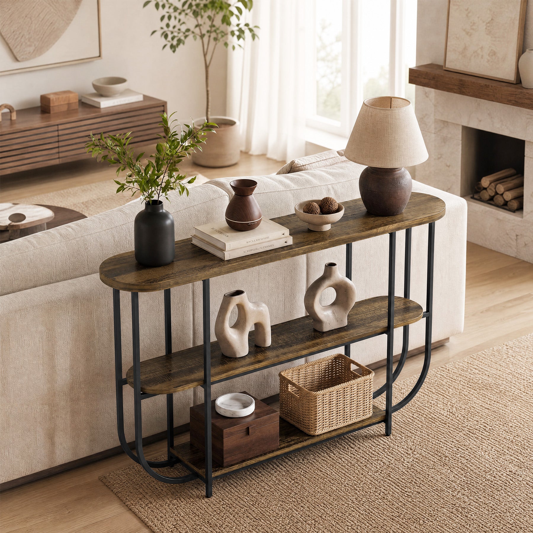 Tribesigns 63-Inch 3-Tier Narrow Console Table with Curved Metal Frame, Modern Vintage Entryway Sofa Table for Living Room