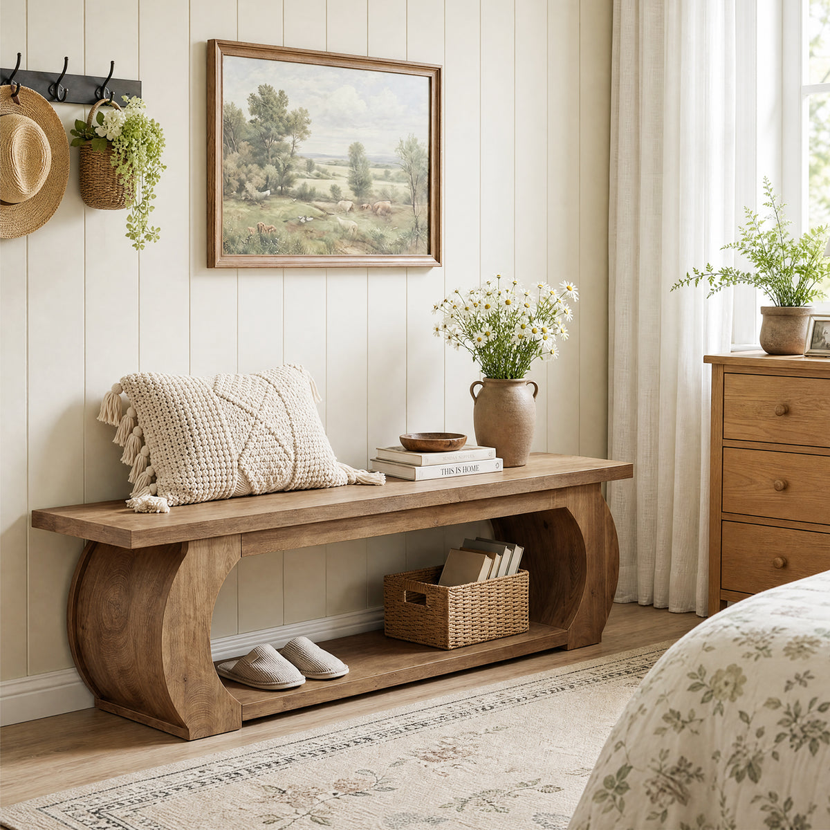 63 Inch Storage Bench with Open Shelf and Curved Wood Frame, Farmhouse End of Bed Bench for Bedroom