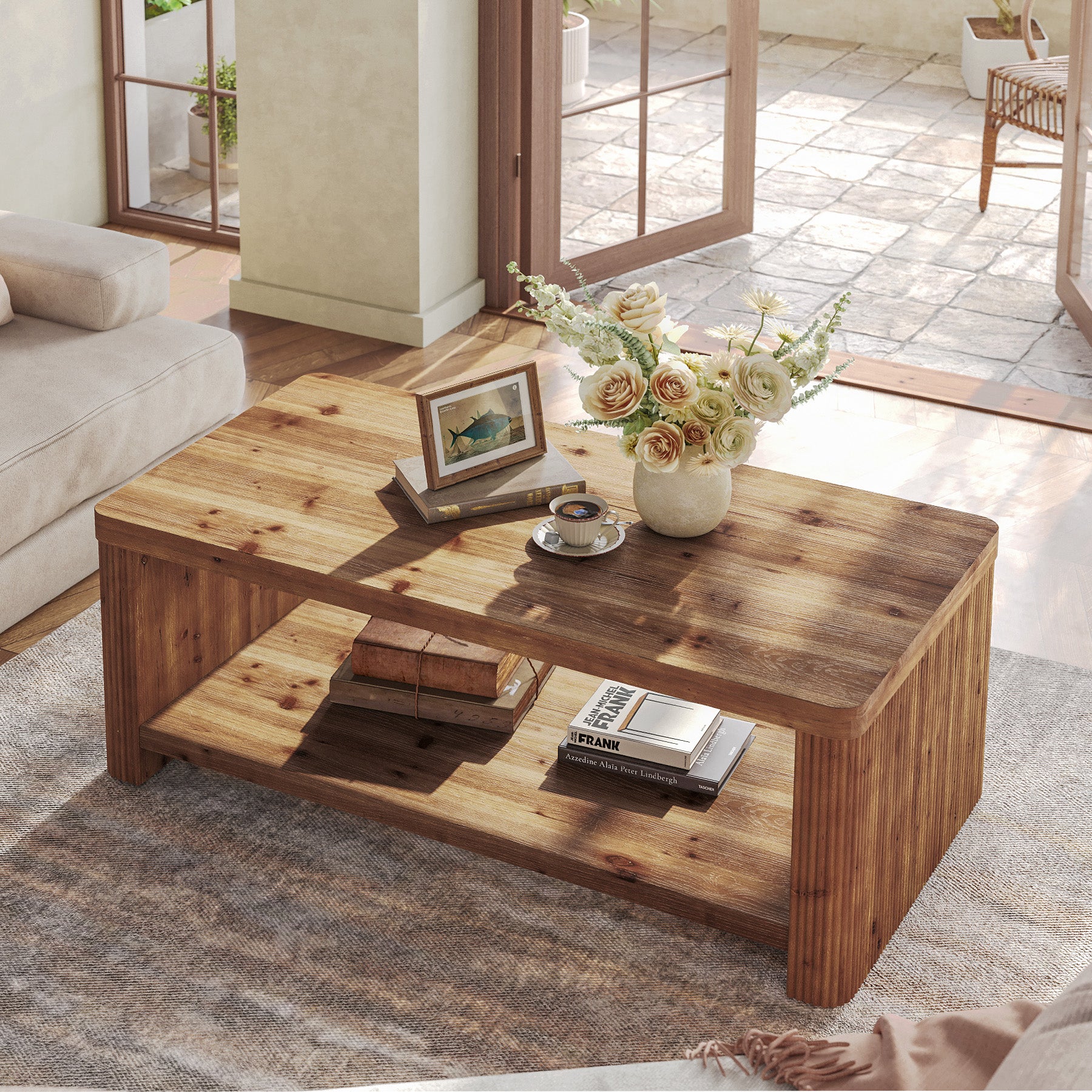 47.24" Solid Wood Coffee Table in Rustic Brown, Modern Fluted Low Rectangle Center Table with 2-Tier Storage