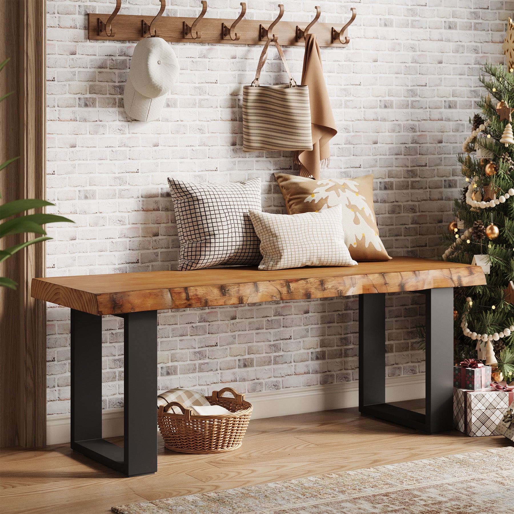 Tribesigns 47.24-Inch Industrial Entryway Bench with Solid Wood Seat, Narrow Shoe Bench for Bedroom and Hallway