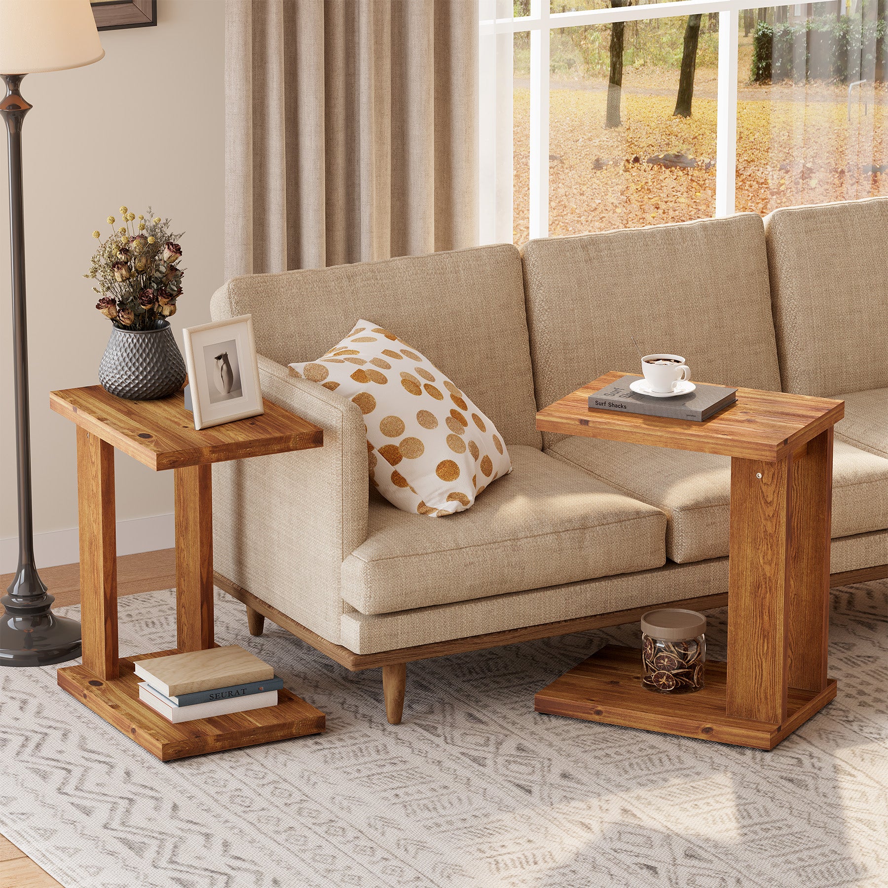 Tribesigns 23.6" C-Shaped End Table, Solid Wood 2-Tier Side Table for Sofa and Living Room