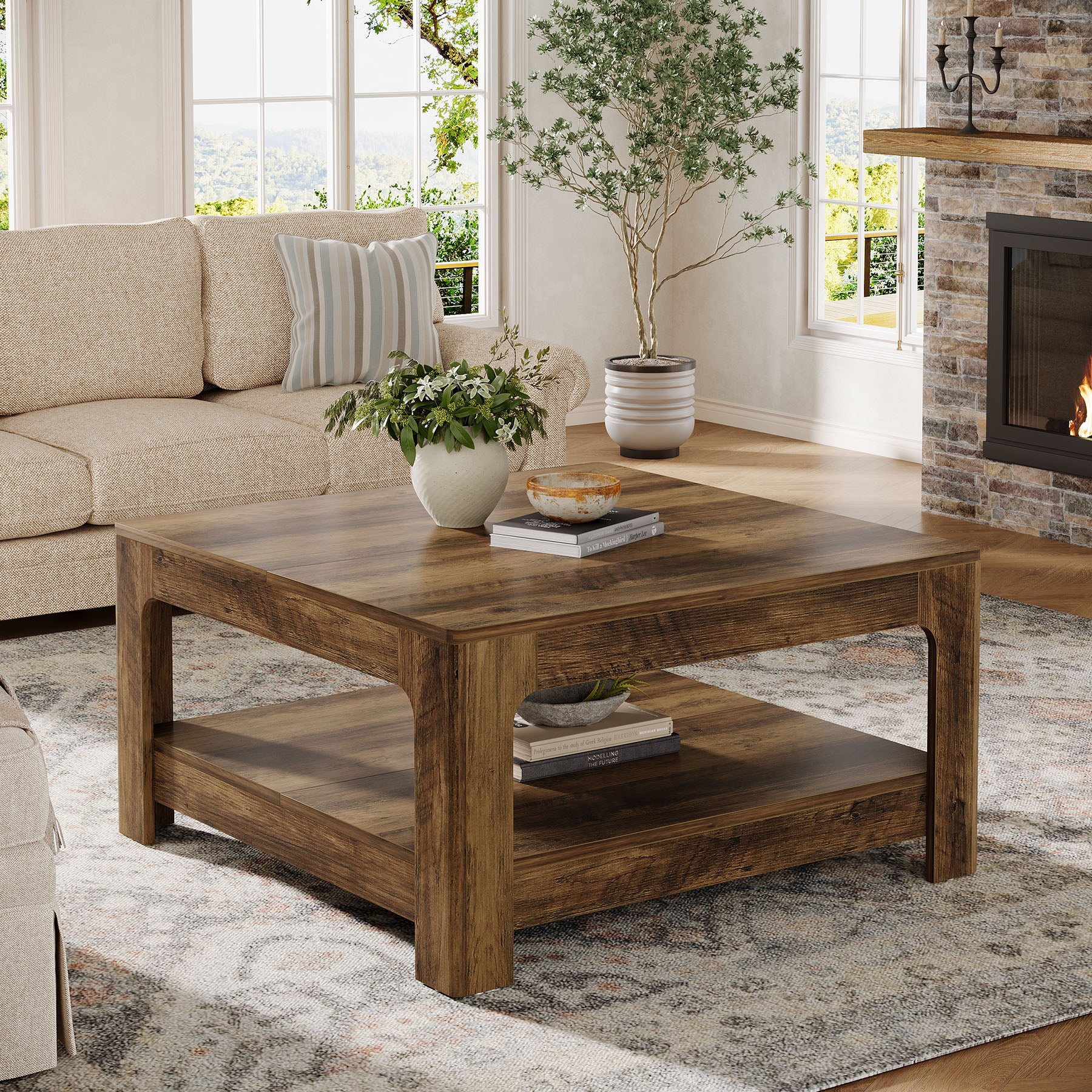 Tribesigns 39.4-Inch Square Coffee Table, Large Farmhouse Center Table with Storage Shelf for Living Room