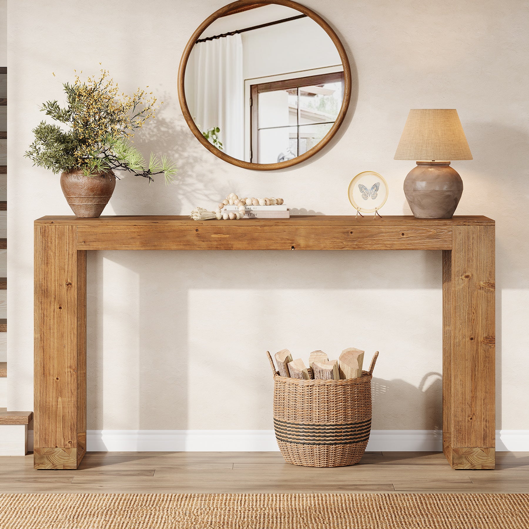 Tribesigns 63-Inch Farmhouse Console Table with Reinforced Base, Solid Wood Sofa Table for Entryway Study and Living Room