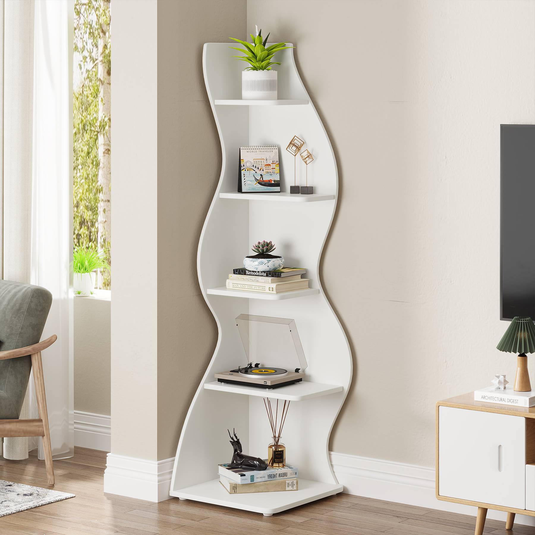 Tribesigns Corner Shelf, Modern 5-Tier Wall Corner Bookshelf Bookcase Tribesigns