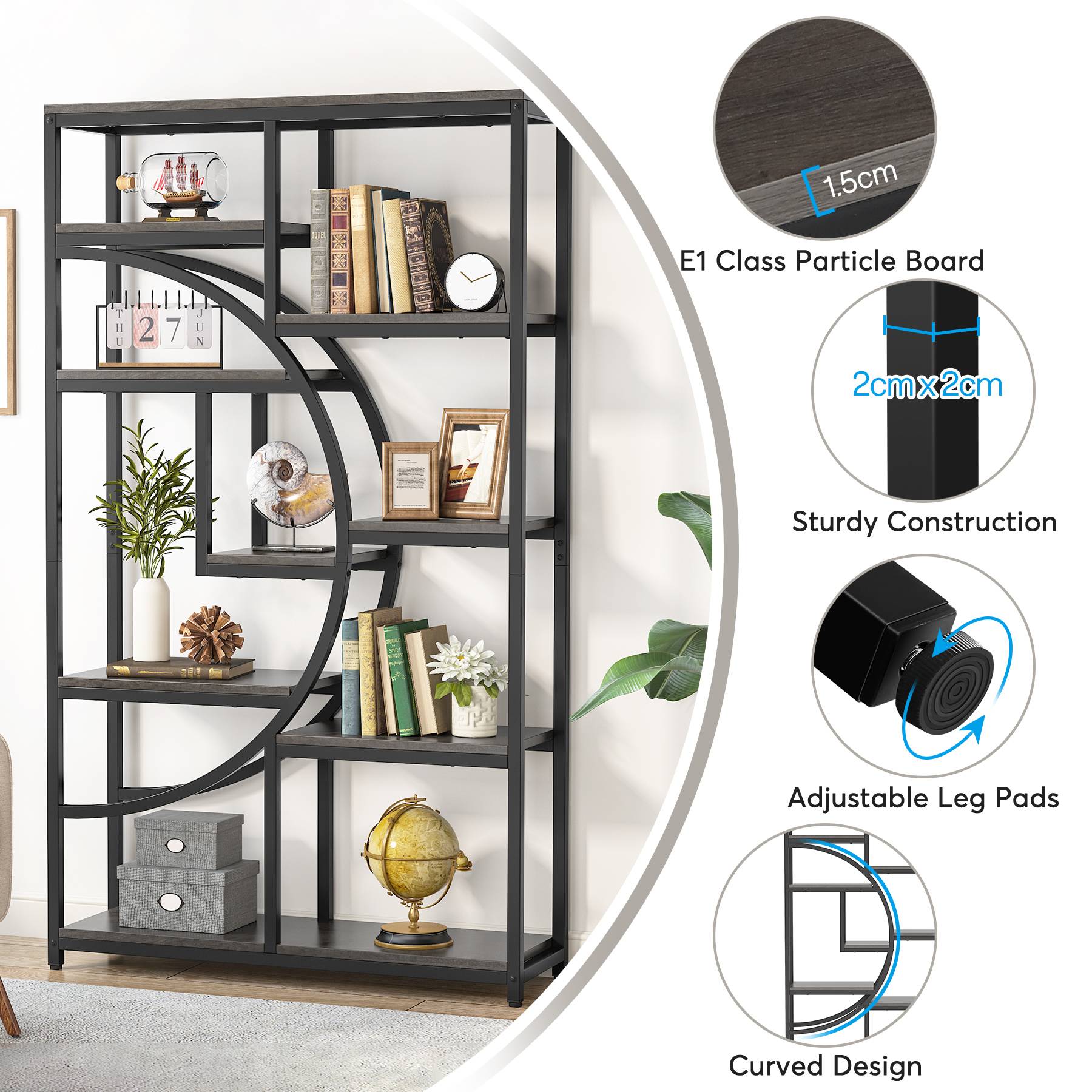 37.4 Inch 5-Tier Industrial Bookshelf for Living Room, Bedroom, Home Office