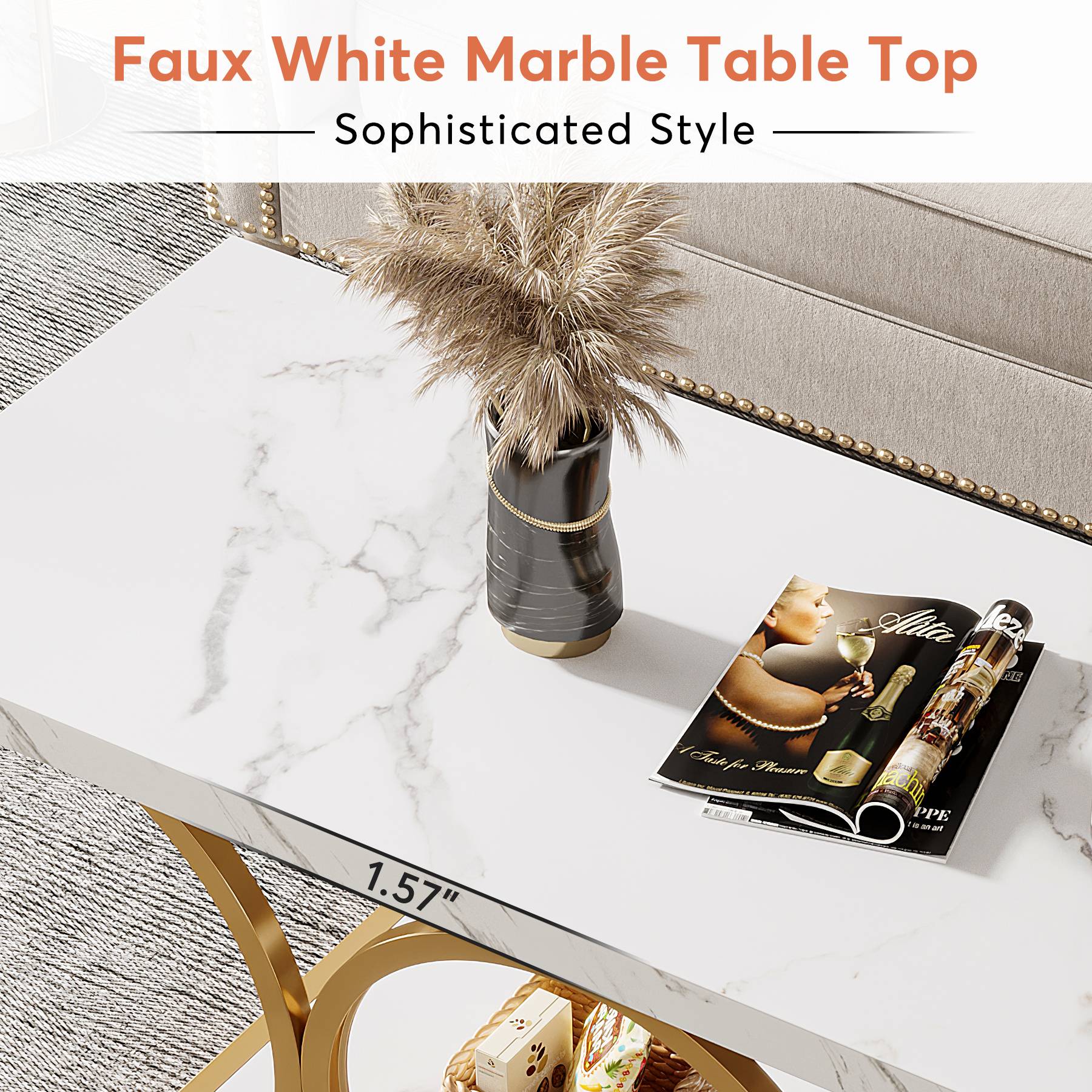 Rectangle Coffee Table, 47.24" Center Table with Faux Marble Top Tribesigns