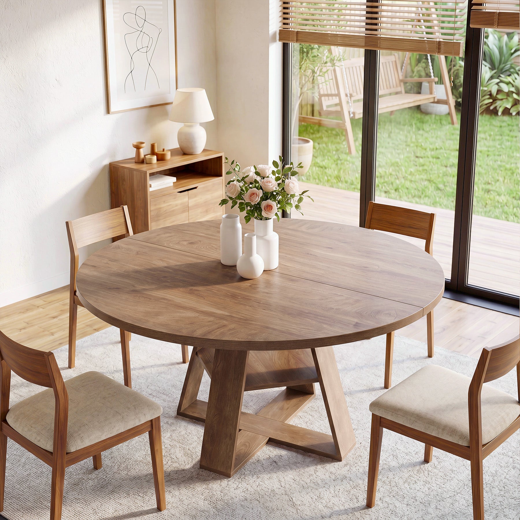 Tribesigns 47.24-Inch Round Dining Table for 4-6, Modern Farmhouse Kitchen Table with X-Cross Pedestal Base and Storage Shelf for Dining Room