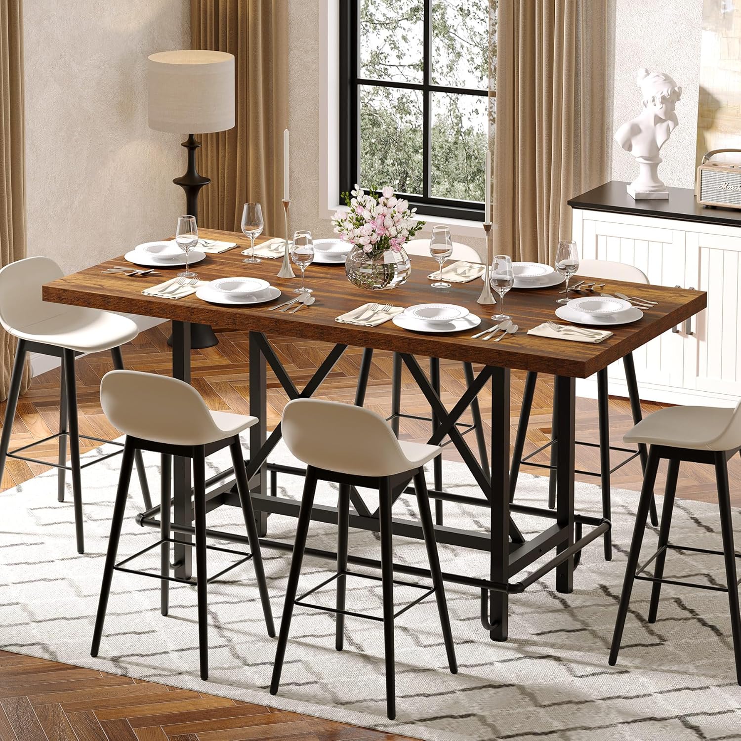 35" Counter Height Dining Table for 6 with Metal Footrest, Rectangular Rustic Brown
