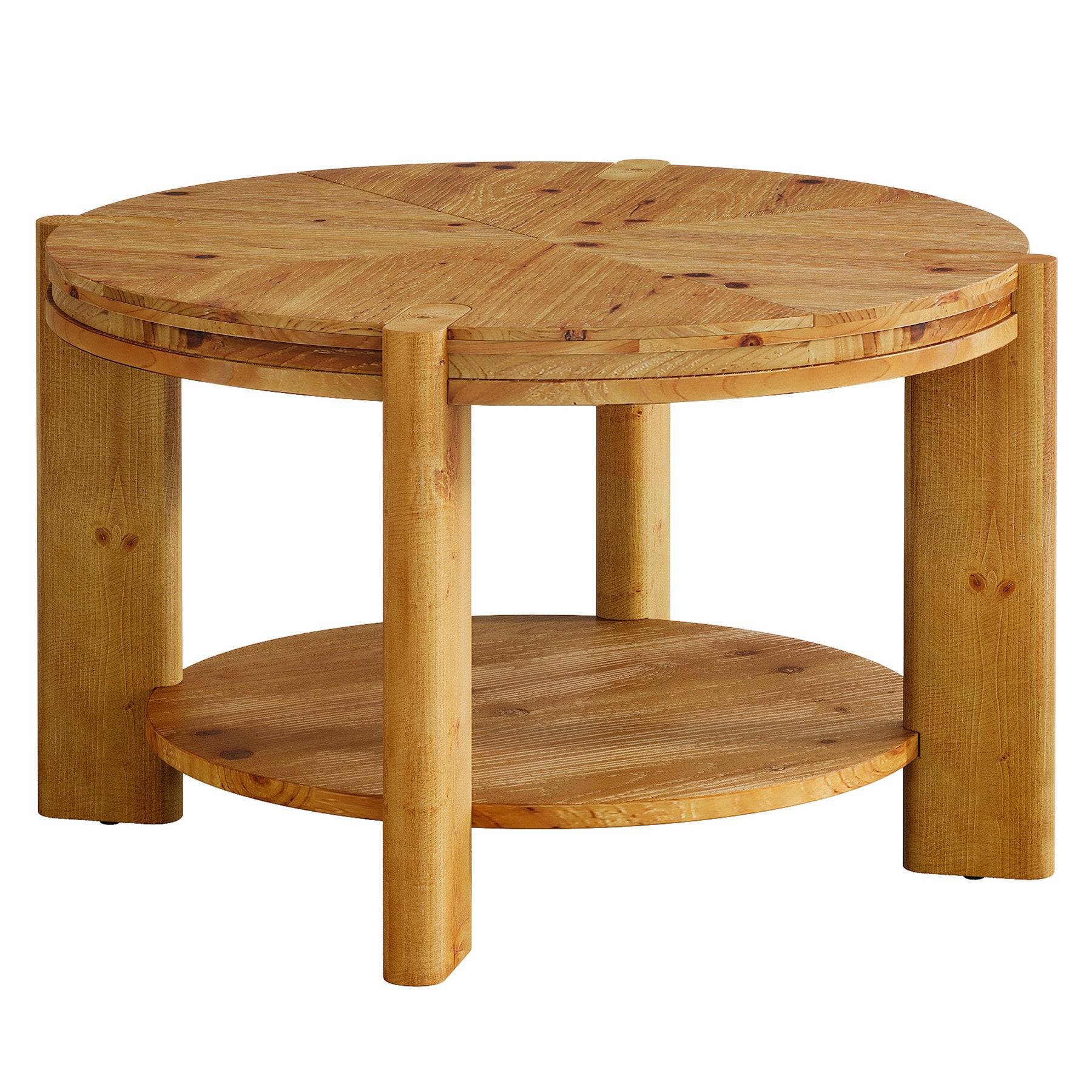 29.5 Inch Solid Wood Round Coffee Table, Farmhouse 2-Tier Circle Center Table with Open Storage Shelf for Living Room Apartment