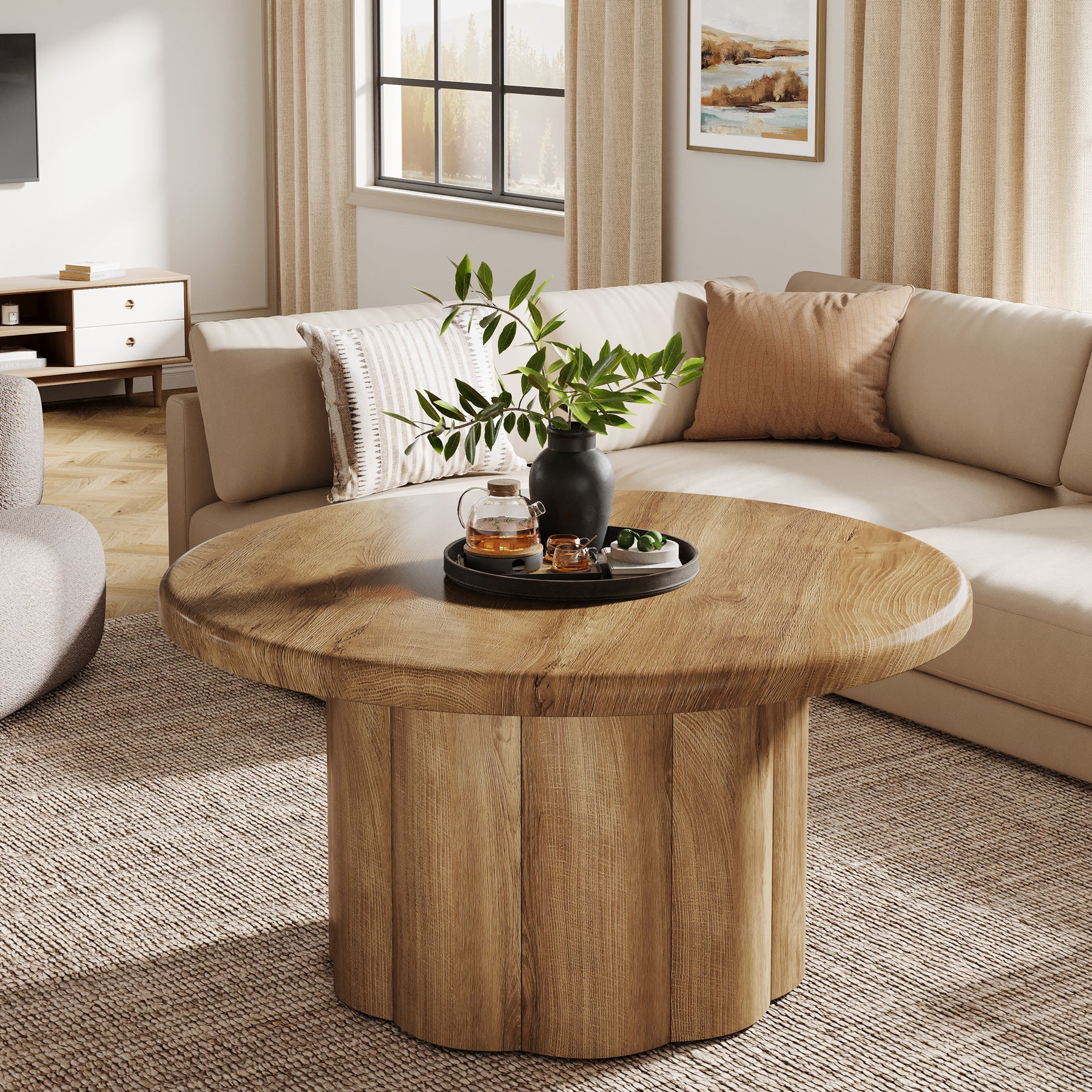 Rustic Fluted Drum Table,31.5" Round Farmhouse Center Table for Cozy Living