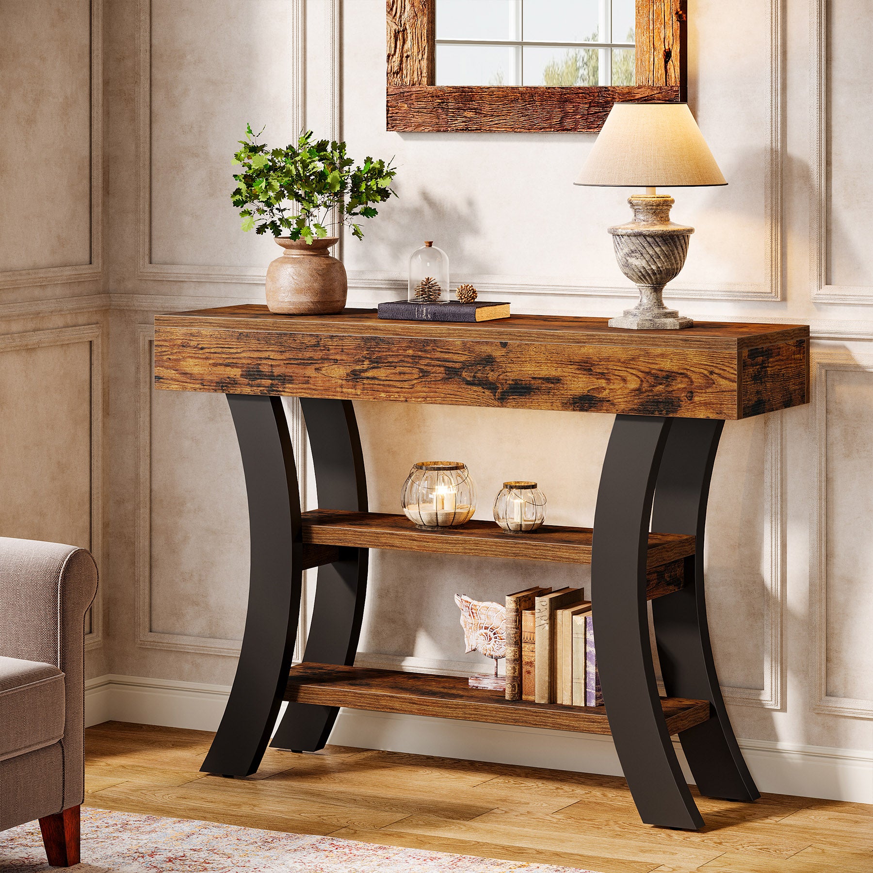 41.34" Rustic Console Table, 3-Tier Entryway Table with Curved Frame for Living Room