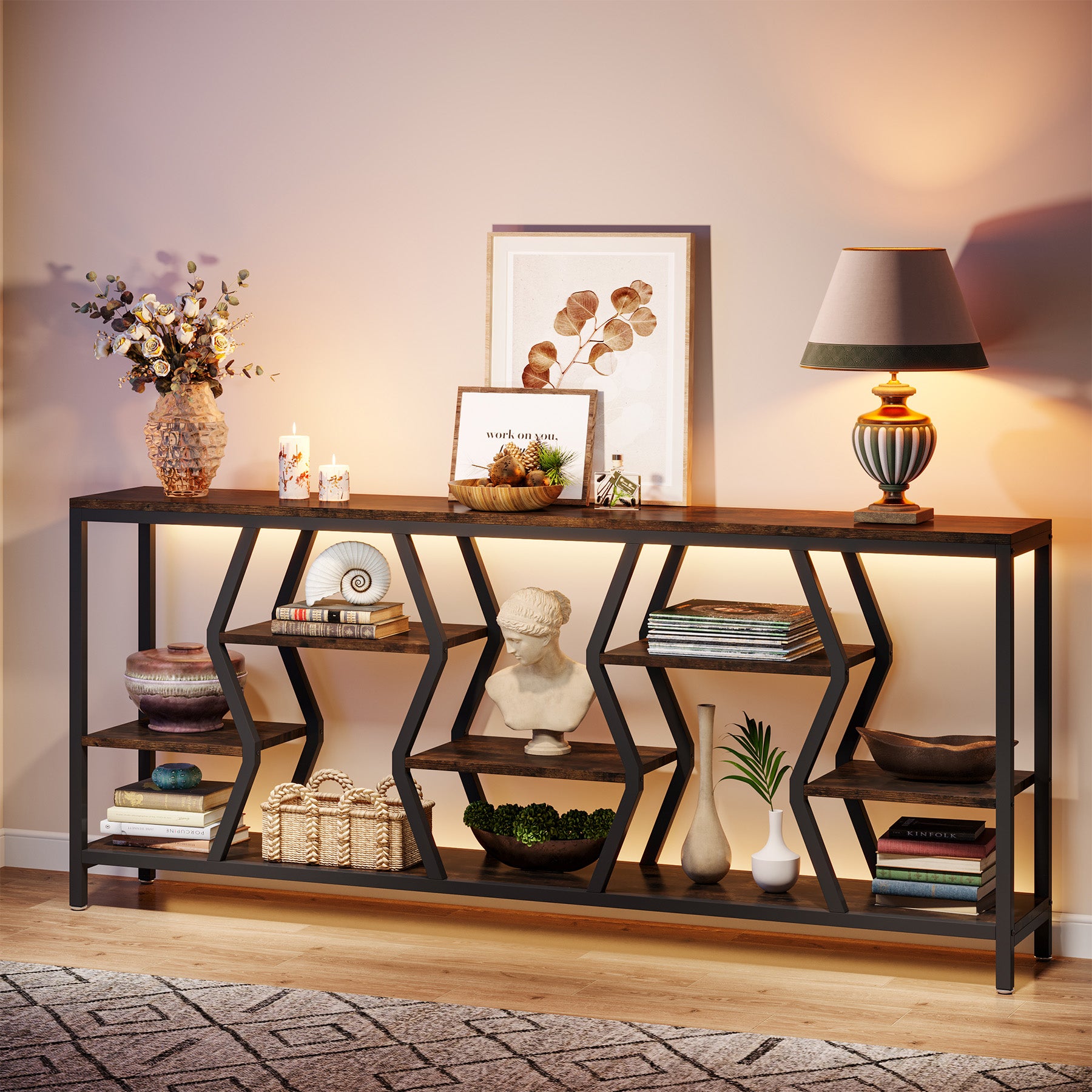 70.9-Inch Extra Long Sofa Console Table with 4-Tier Wood Storage Shelves, Industrial Narrow Entryway Table for Hallway