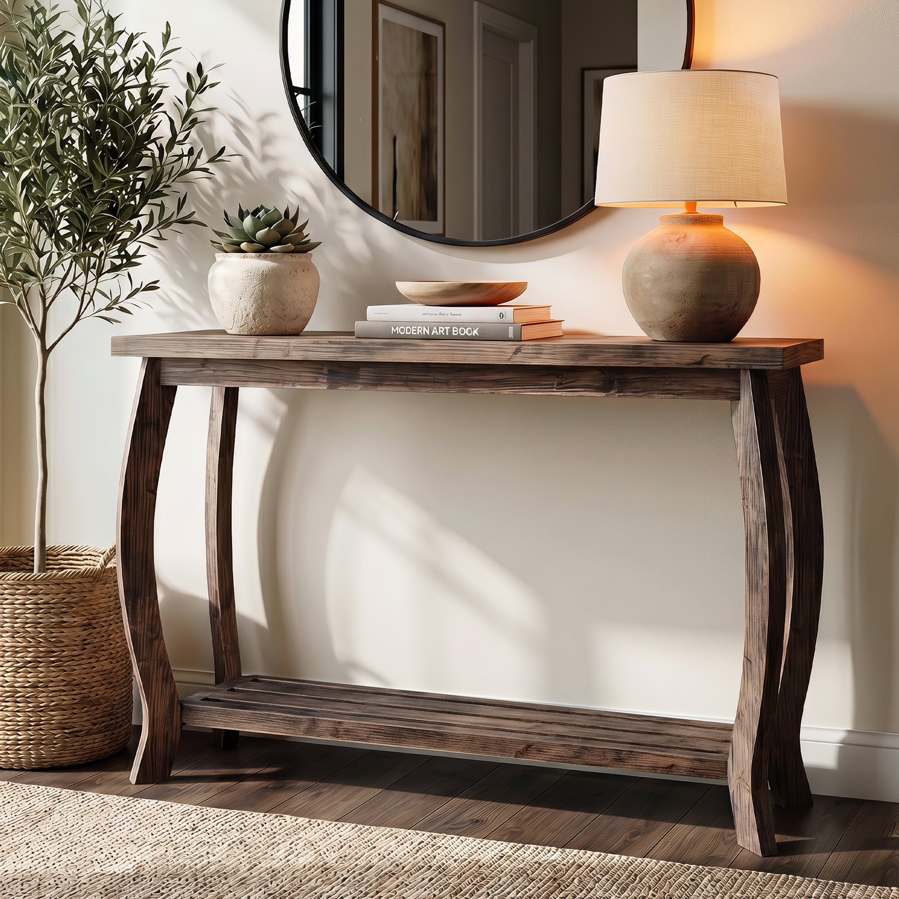 41.3 Inch Solid Wood Console Table with Curved Legs, Farmhouse Entryway Table with Shelf