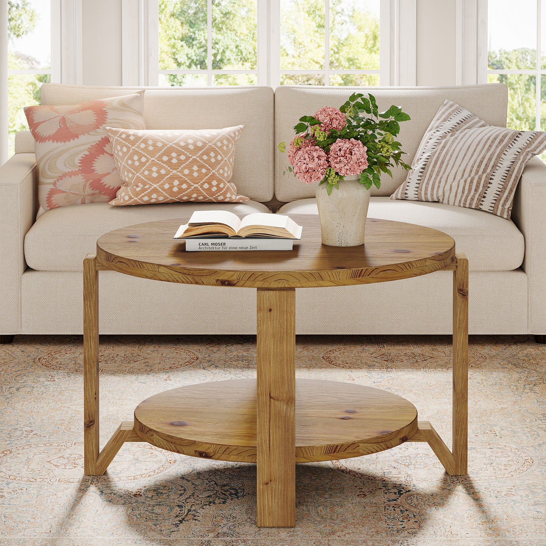 30" Solid Wood Round Coffee Table, Two-Tier Farmhouse Center Table with Natural Texture in Warm Brown