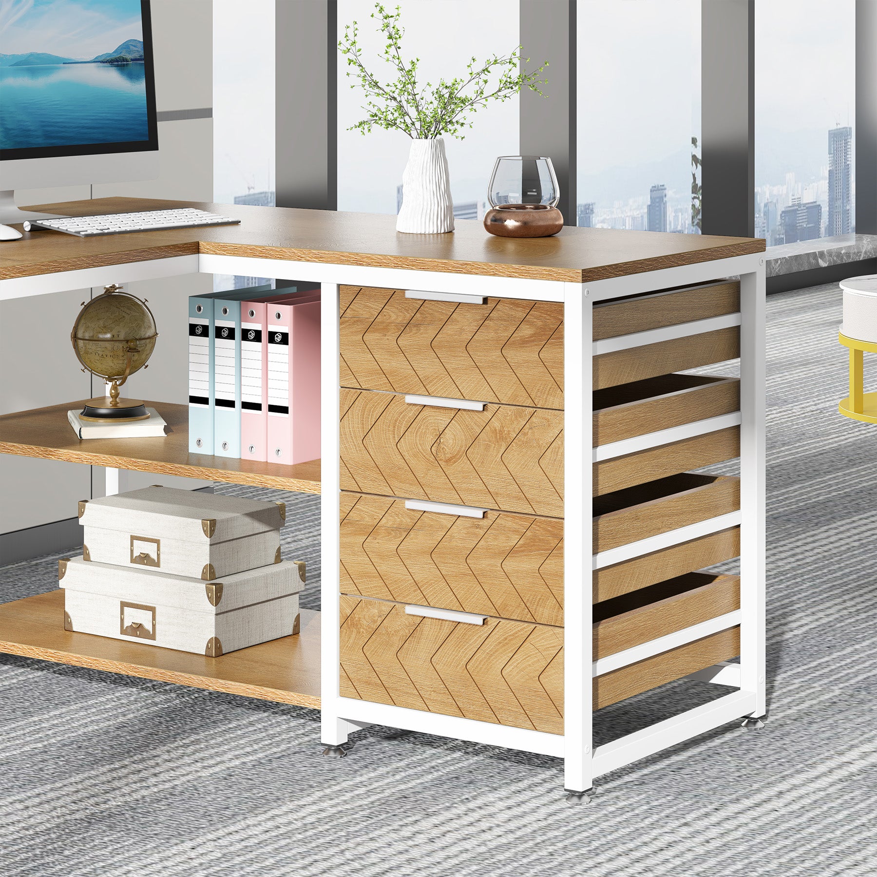 59" L-Shaped Desk, Reversible Corner Computer Desk with Drawers and Shelves
