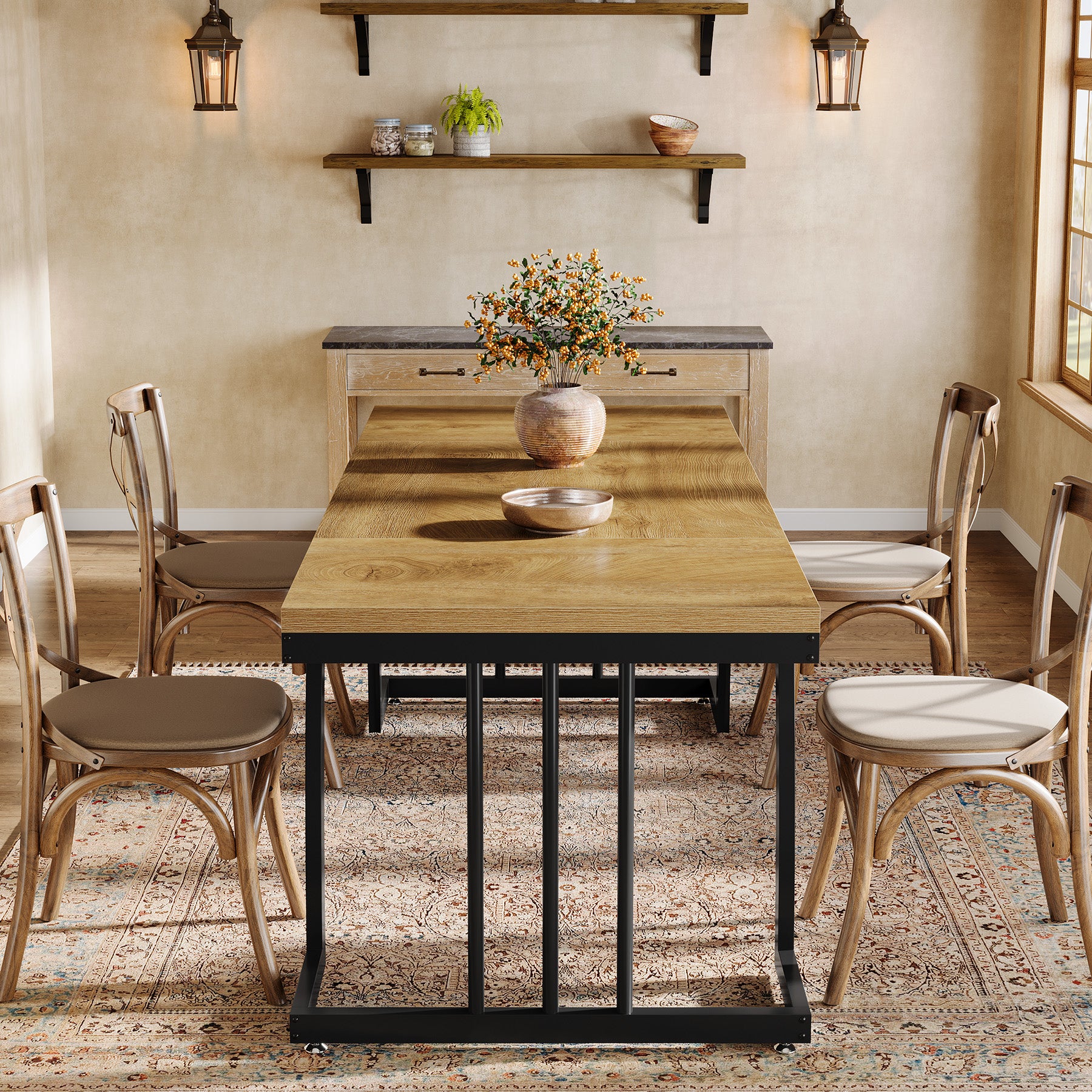 6-Seater Rustic Dining Table, 63" Rectangular Wood Table with Metal Frame for Dining Room