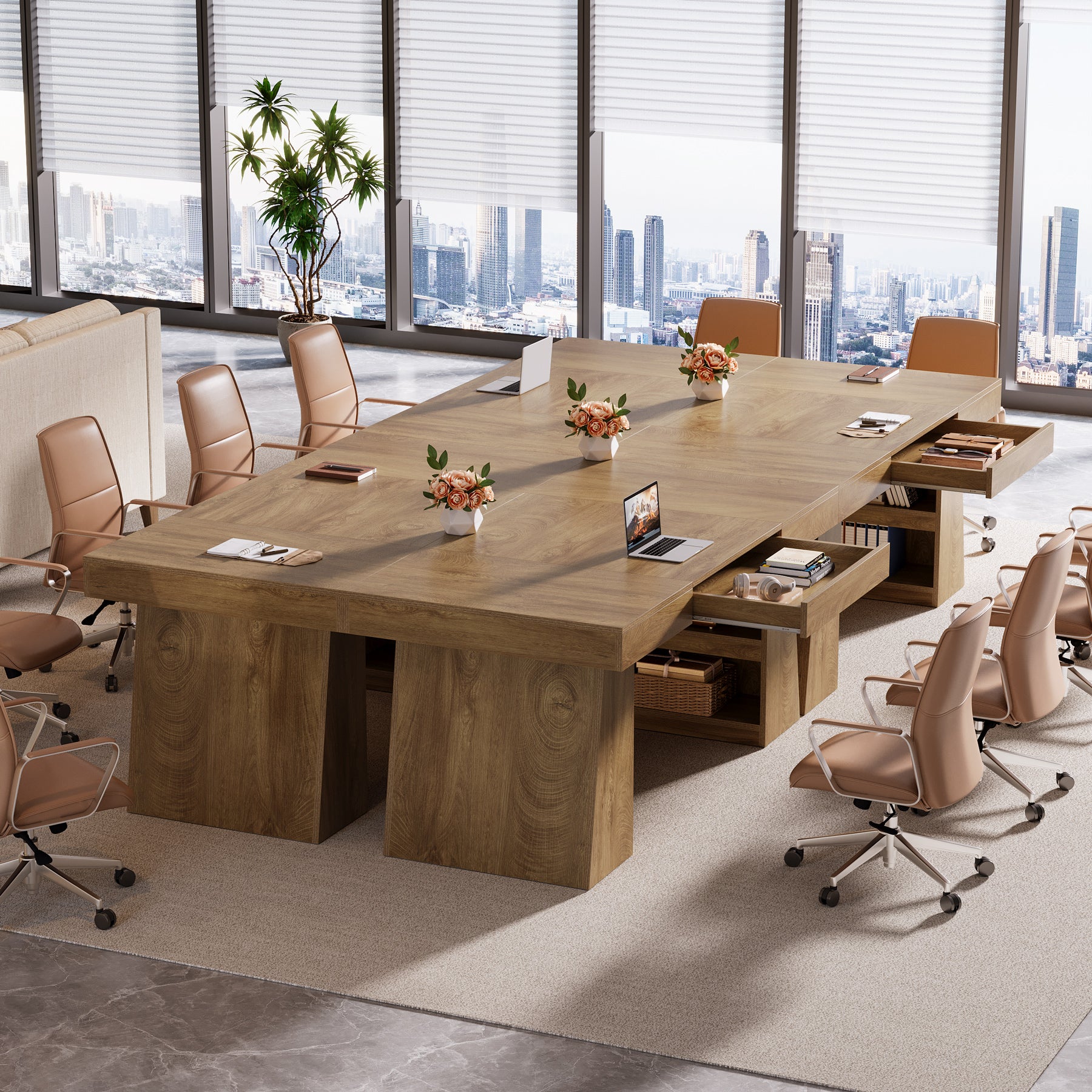 55 Inch Conference Table for 4-6 People, Farmhouse Rectangle Meeting Table with Storage Drawer and Shelves for Office Conference Room
