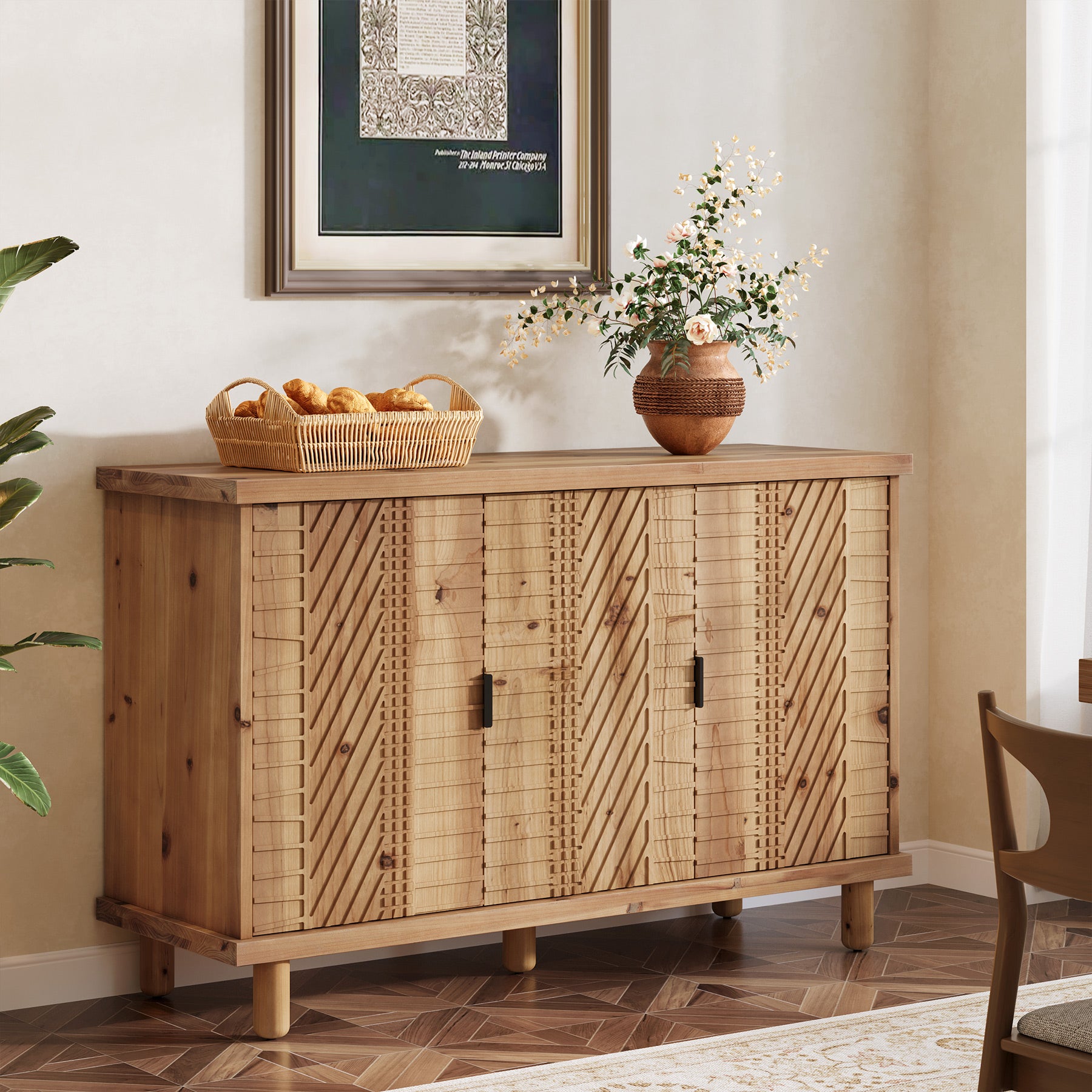 Tribesigns 47.6-Inch Farmhouse Sideboard Cabinet with 3 Doors, Solid Wood Buffet Cabinet for Kitchen
